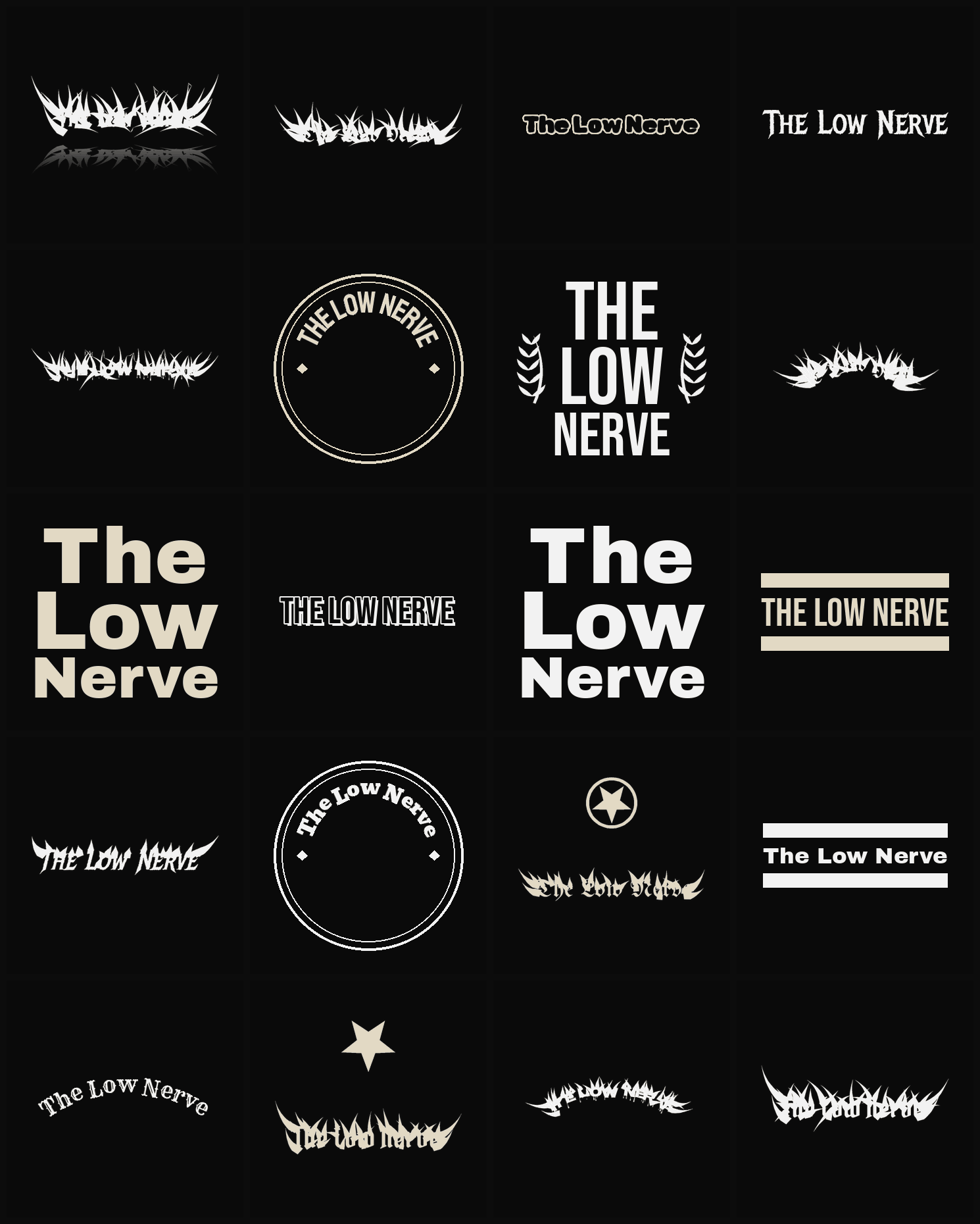 Twenty The Low Nerve band logo ideas — different faces, treatments and spike settings