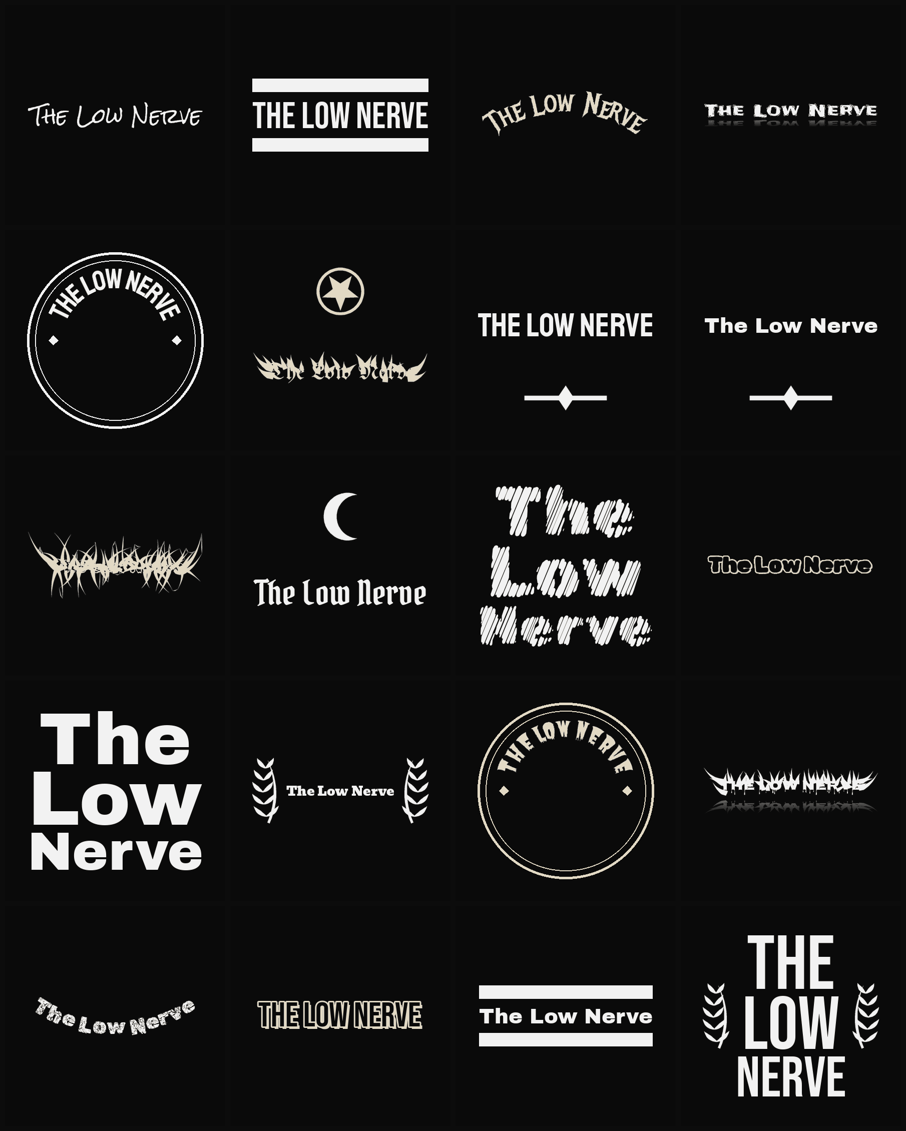 Twenty The Low Nerve band logo ideas — different faces, treatments and spike settings