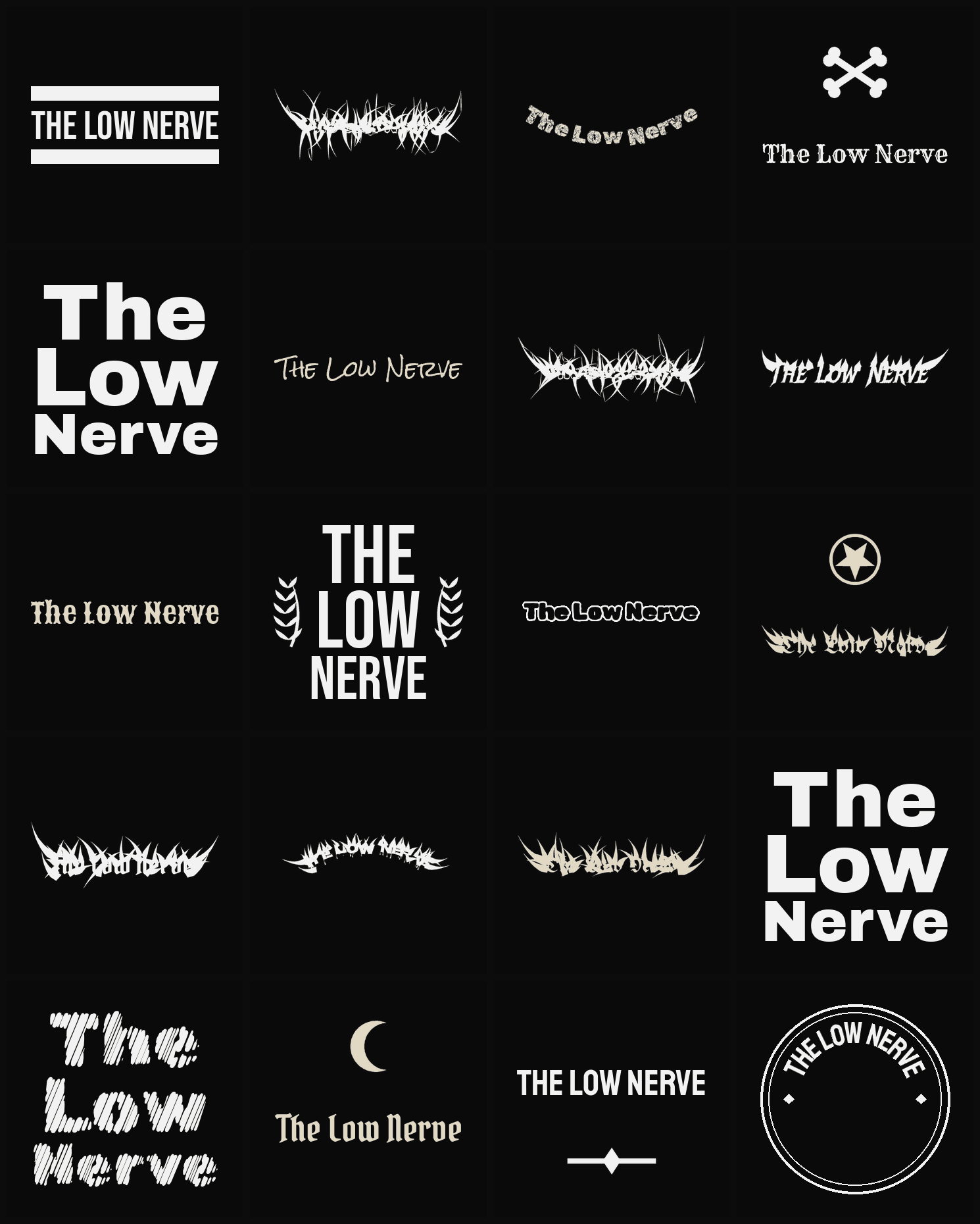 Twenty The Low Nerve band logo ideas — different faces, treatments and spike settings