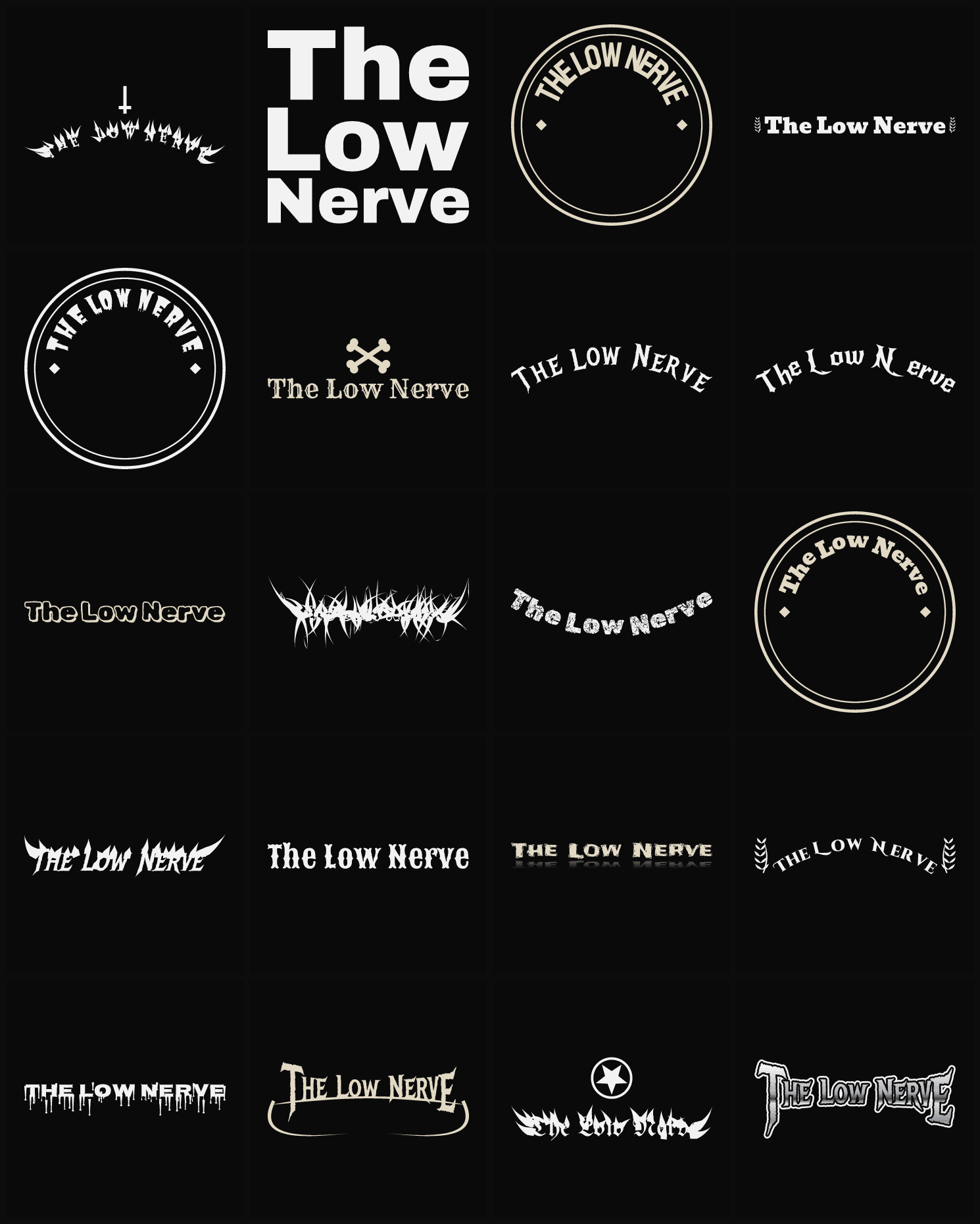 Twenty The Low Nerve band logo ideas — different faces, treatments and spike settings