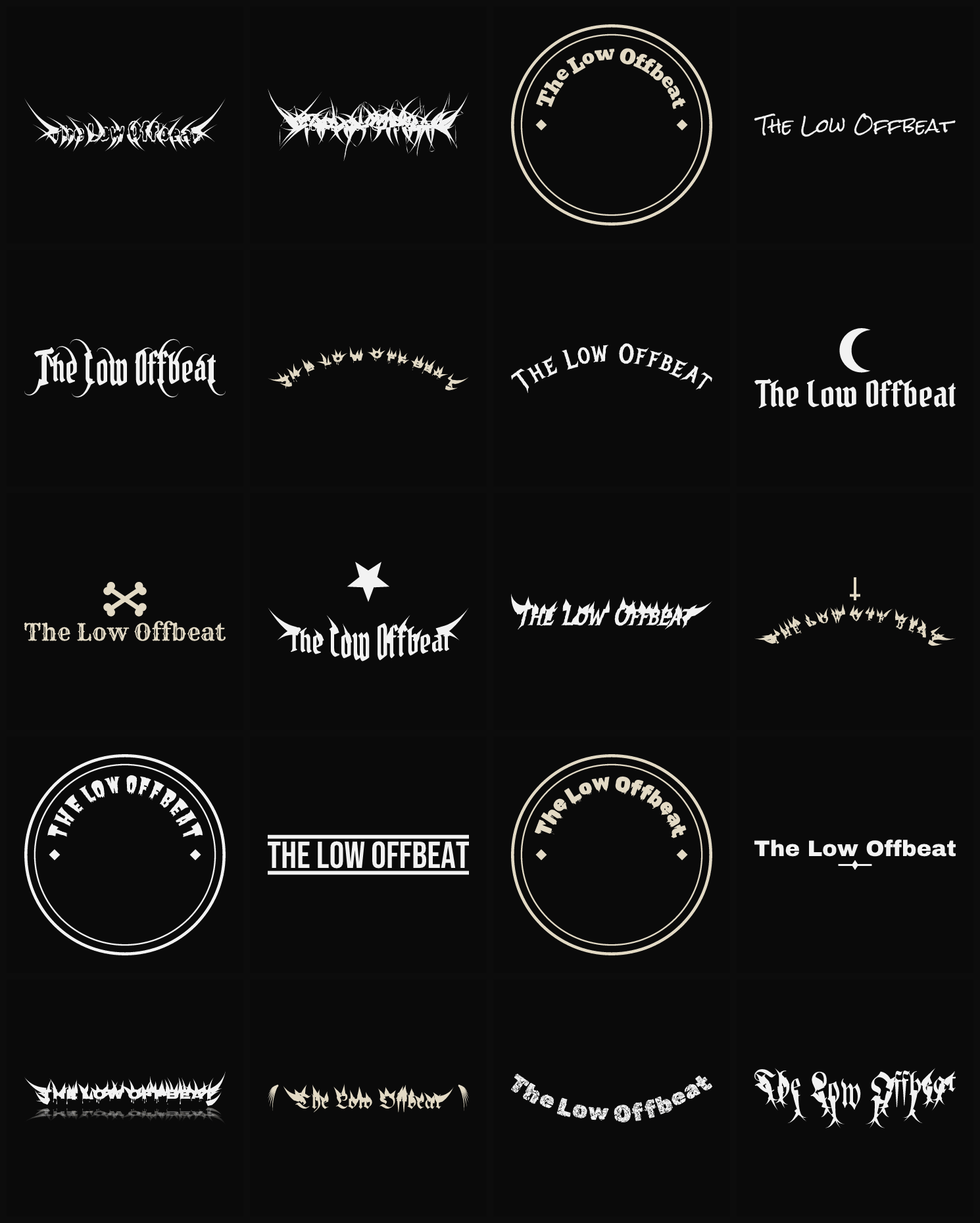 Twenty The Low Offbeat band logo ideas — different faces, treatments and spike settings