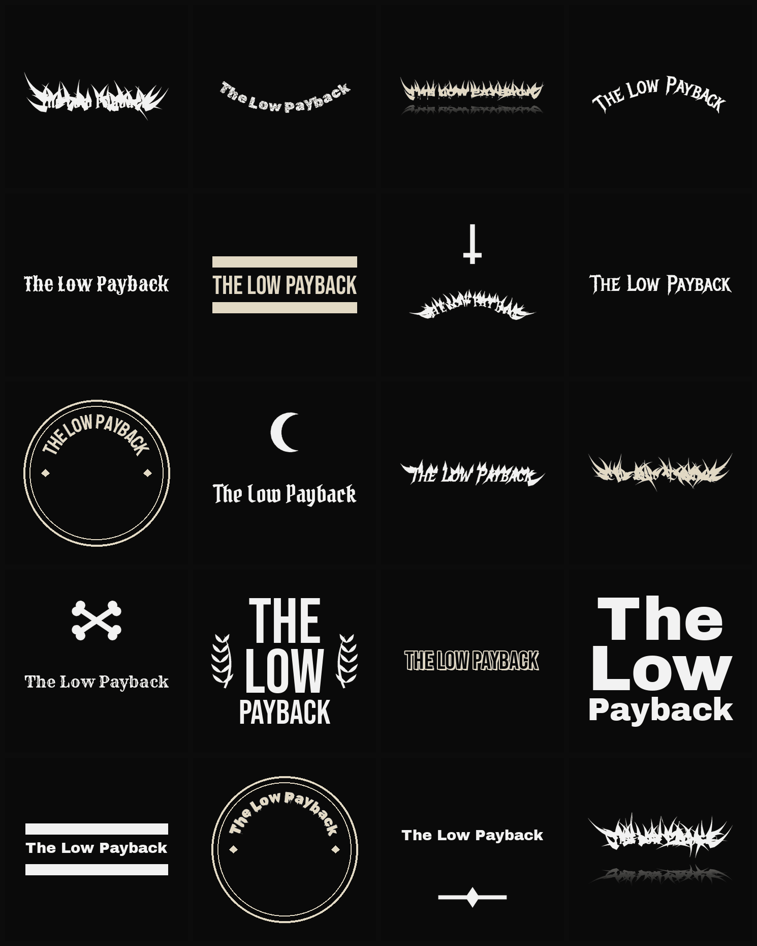 Twenty The Low Payback band logo ideas — different faces, treatments and spike settings