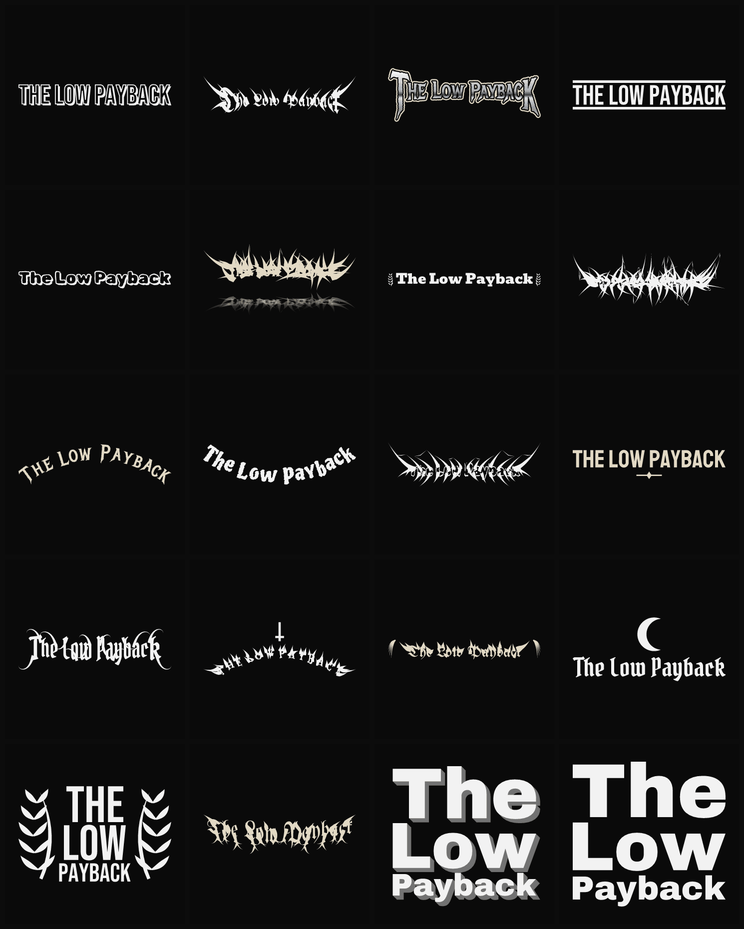 Twenty The Low Payback band logo ideas — different faces, treatments and spike settings