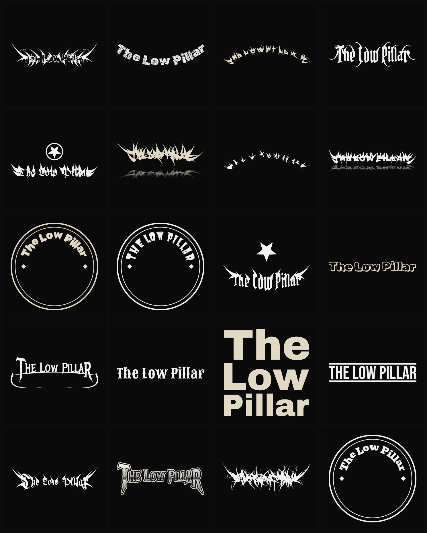 Twenty The Low Pillar band logo ideas — different faces, treatments and spike settings