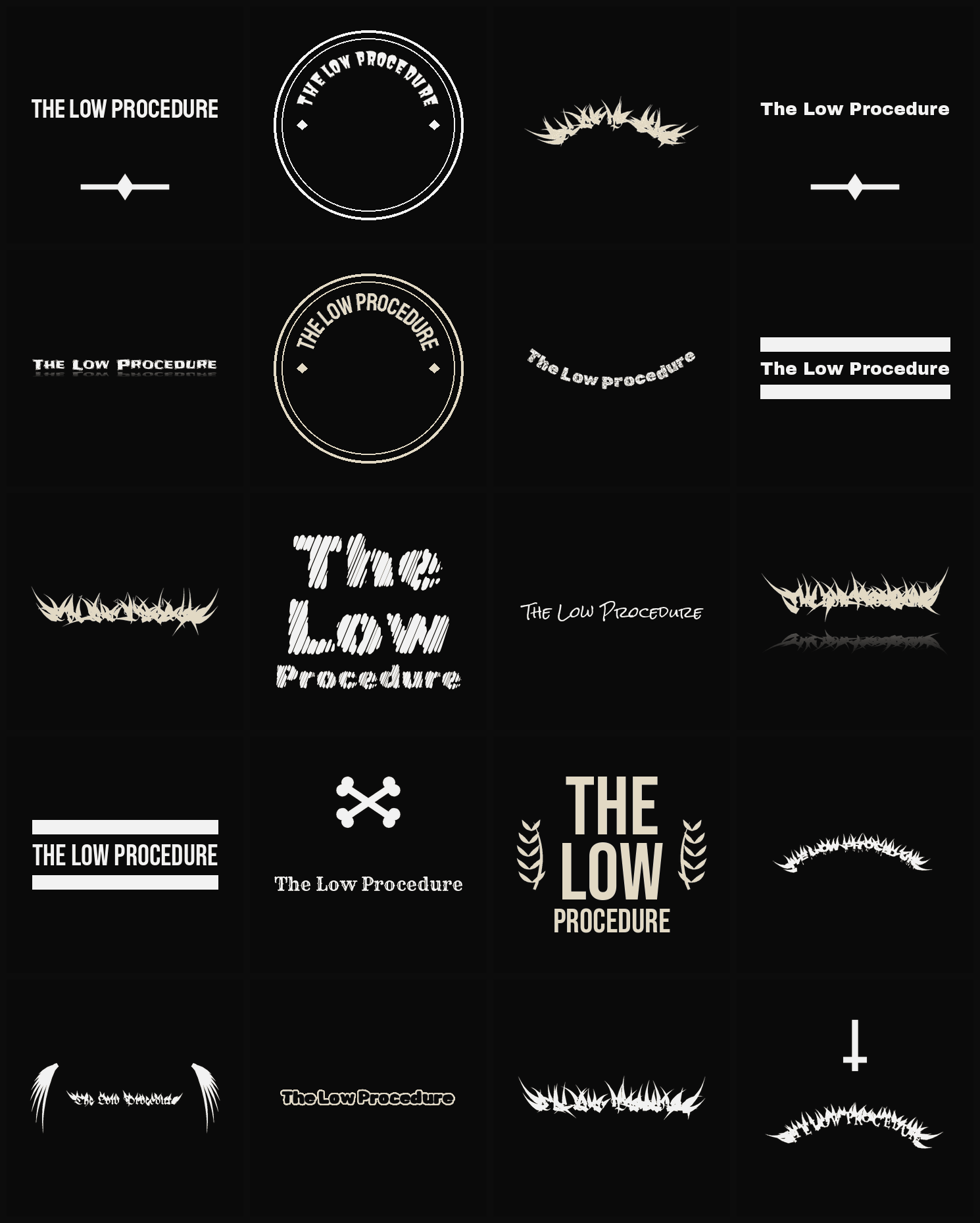Twenty The Low Procedure band logo ideas — different faces, treatments and spike settings
