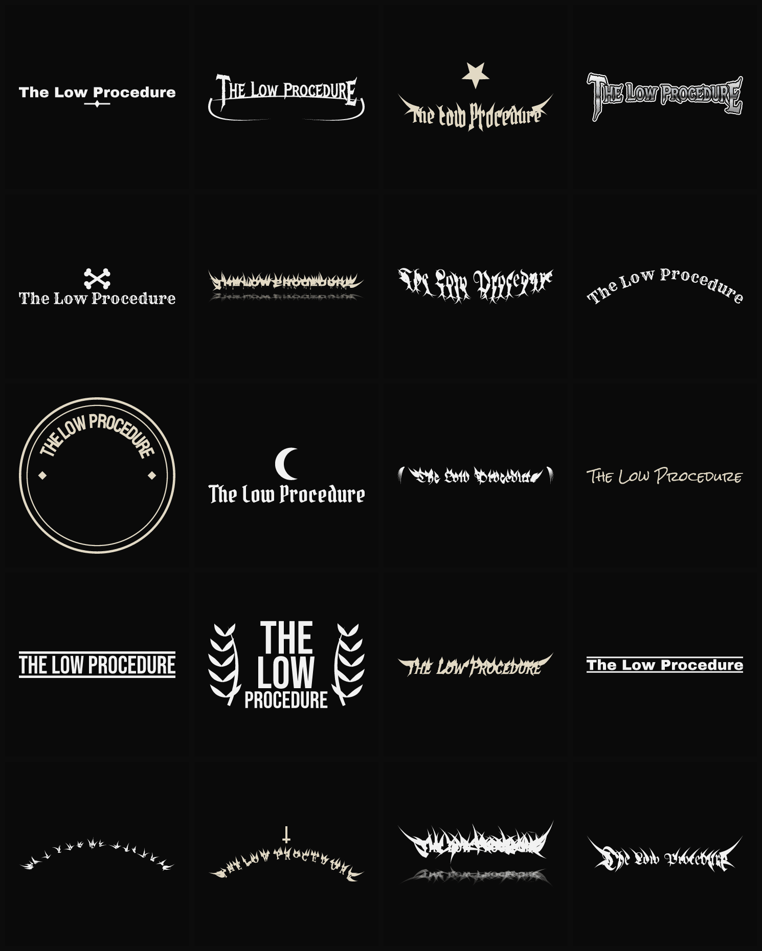 Twenty The Low Procedure band logo ideas — different faces, treatments and spike settings