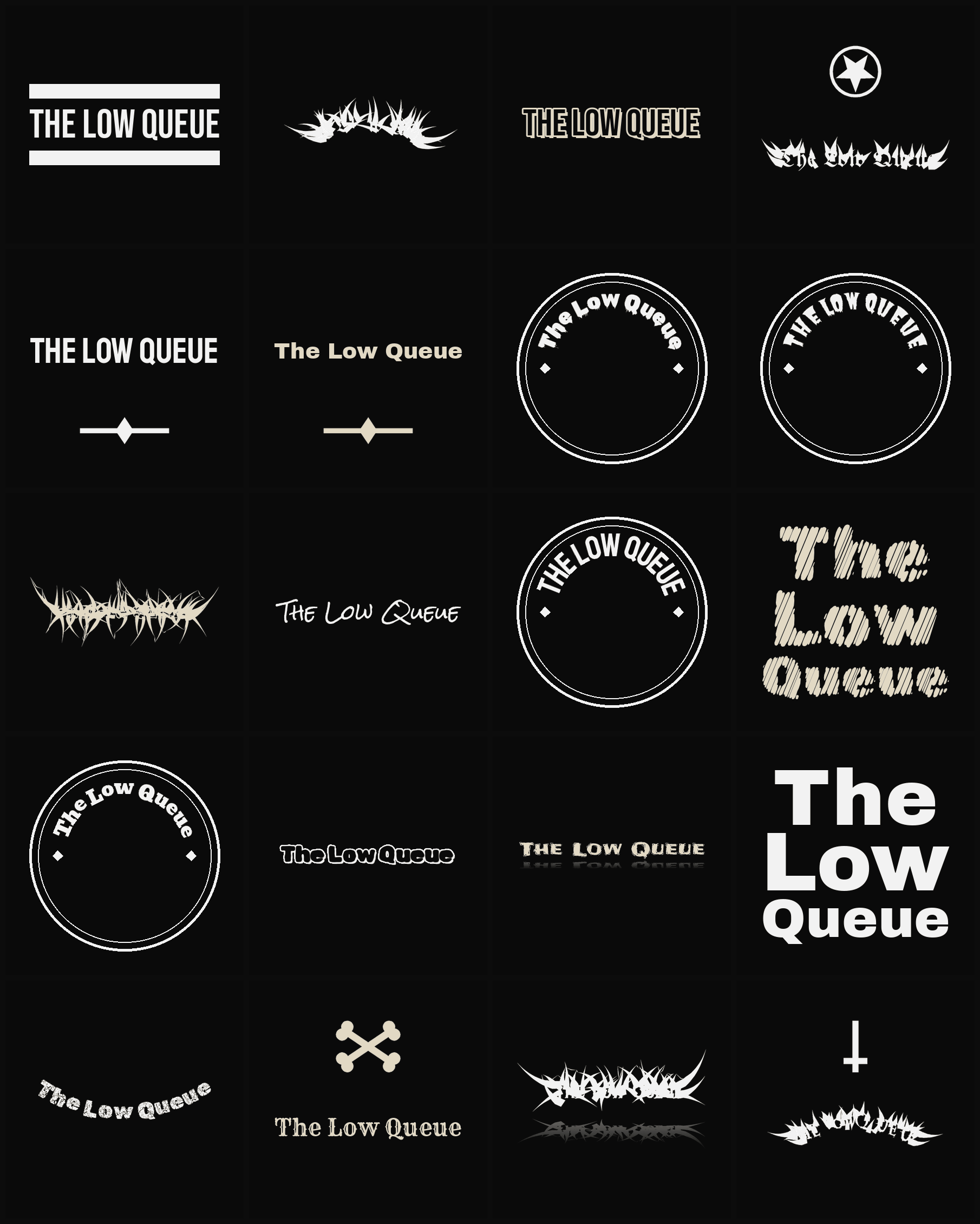 Twenty The Low Queue band logo ideas — different faces, treatments and spike settings