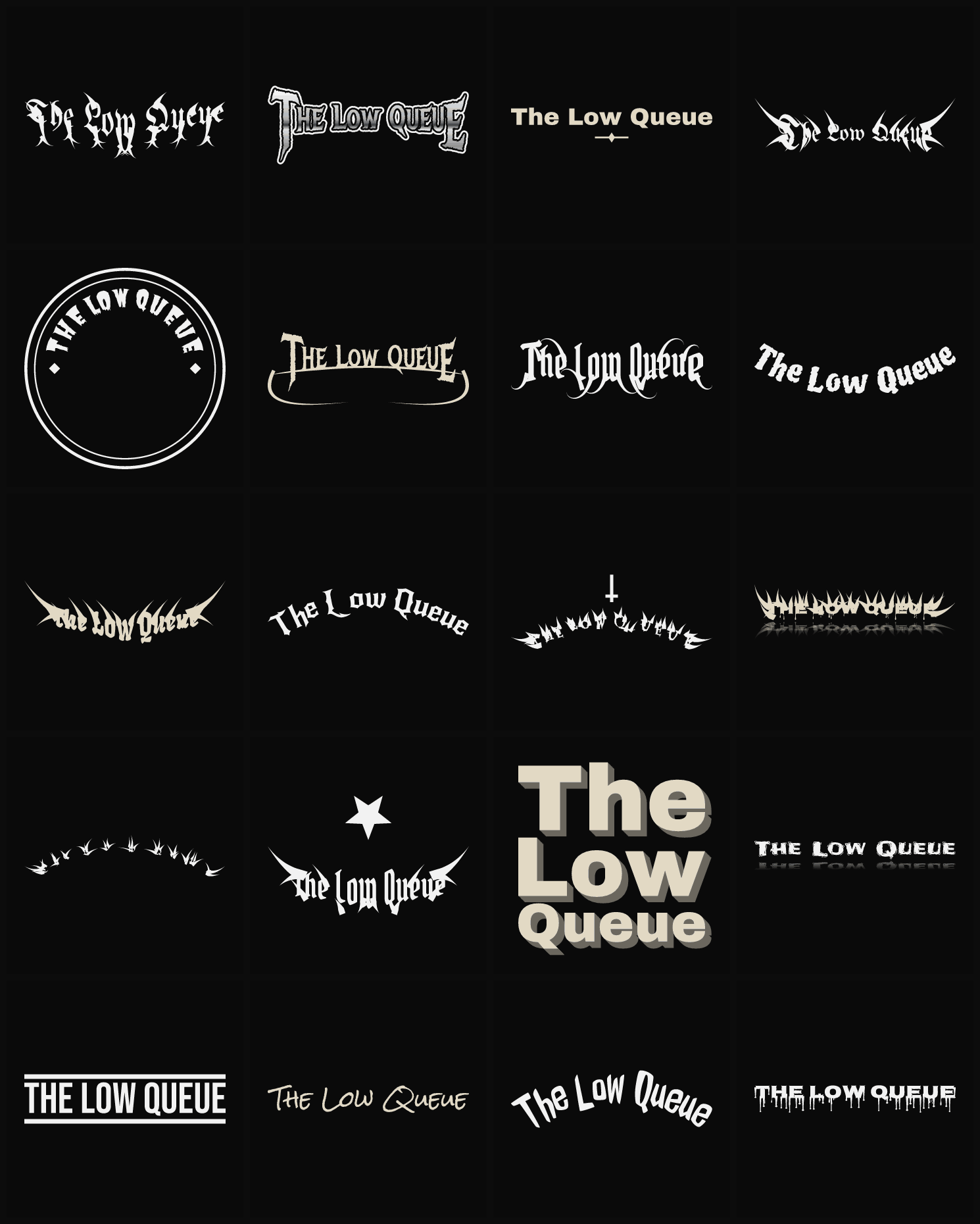 Twenty The Low Queue band logo ideas — different faces, treatments and spike settings