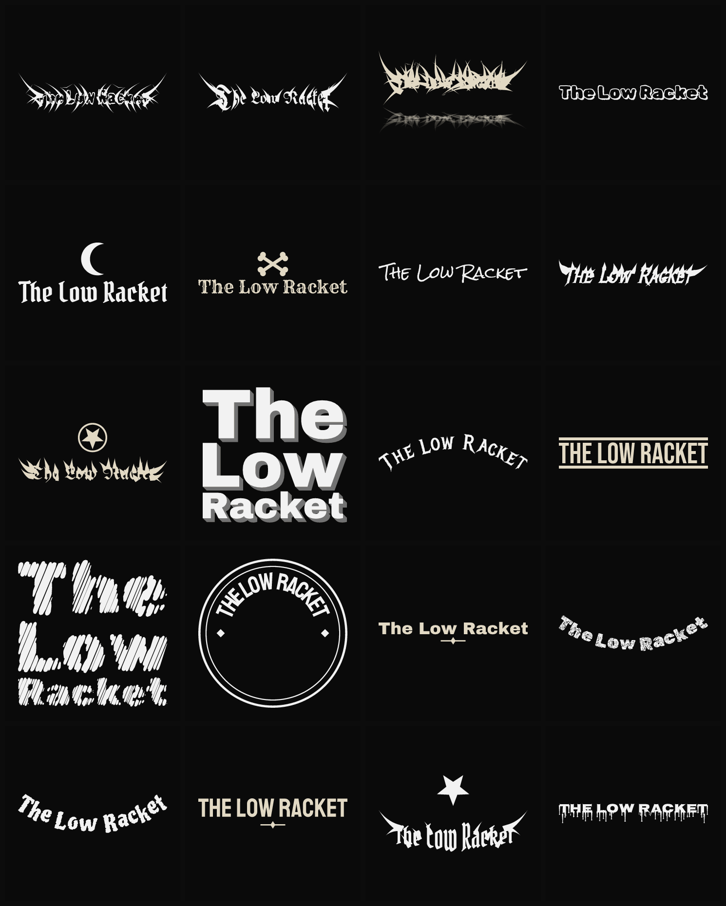 Twenty The Low Racket band logo ideas — different faces, treatments and spike settings