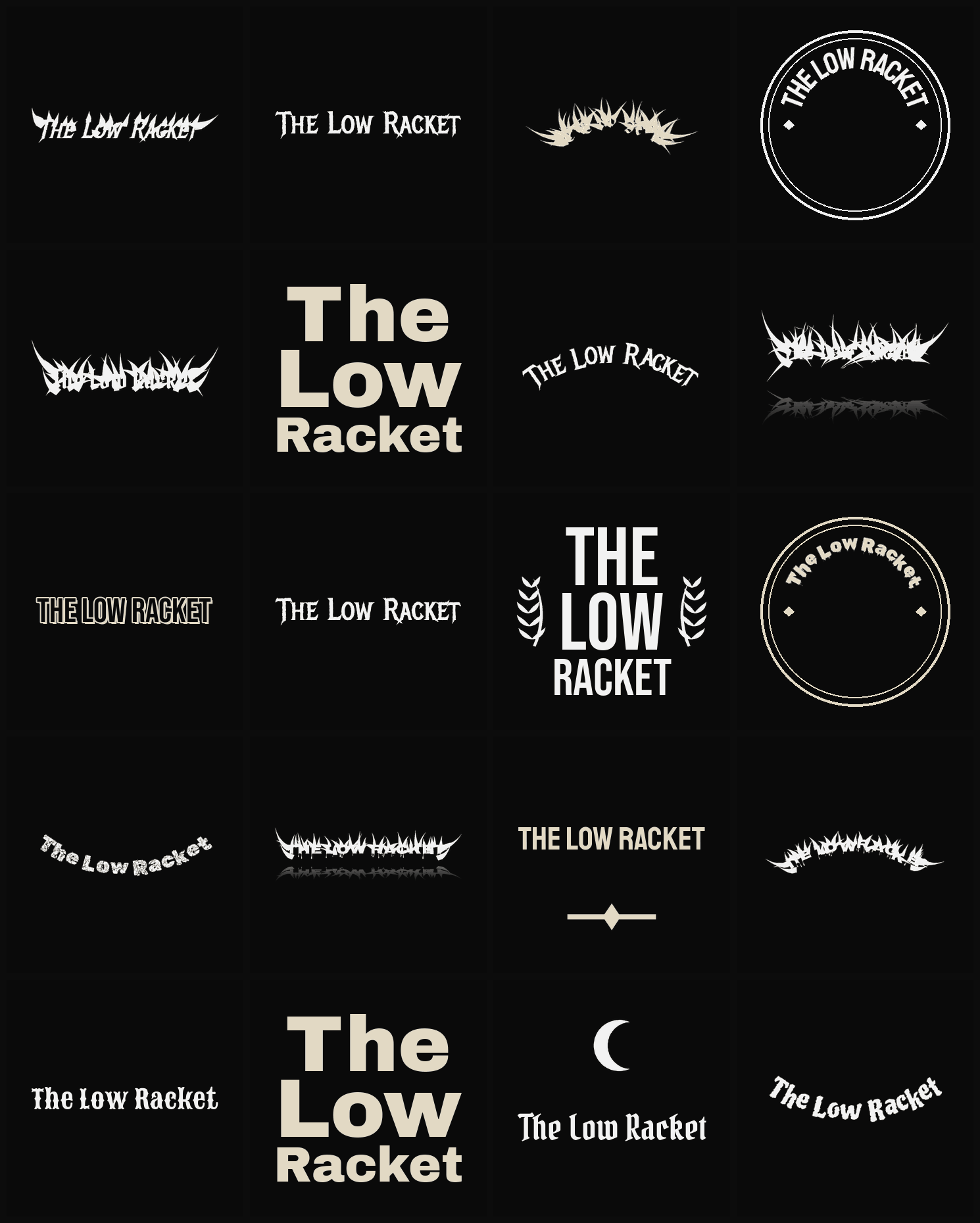 Twenty The Low Racket band logo ideas — different faces, treatments and spike settings