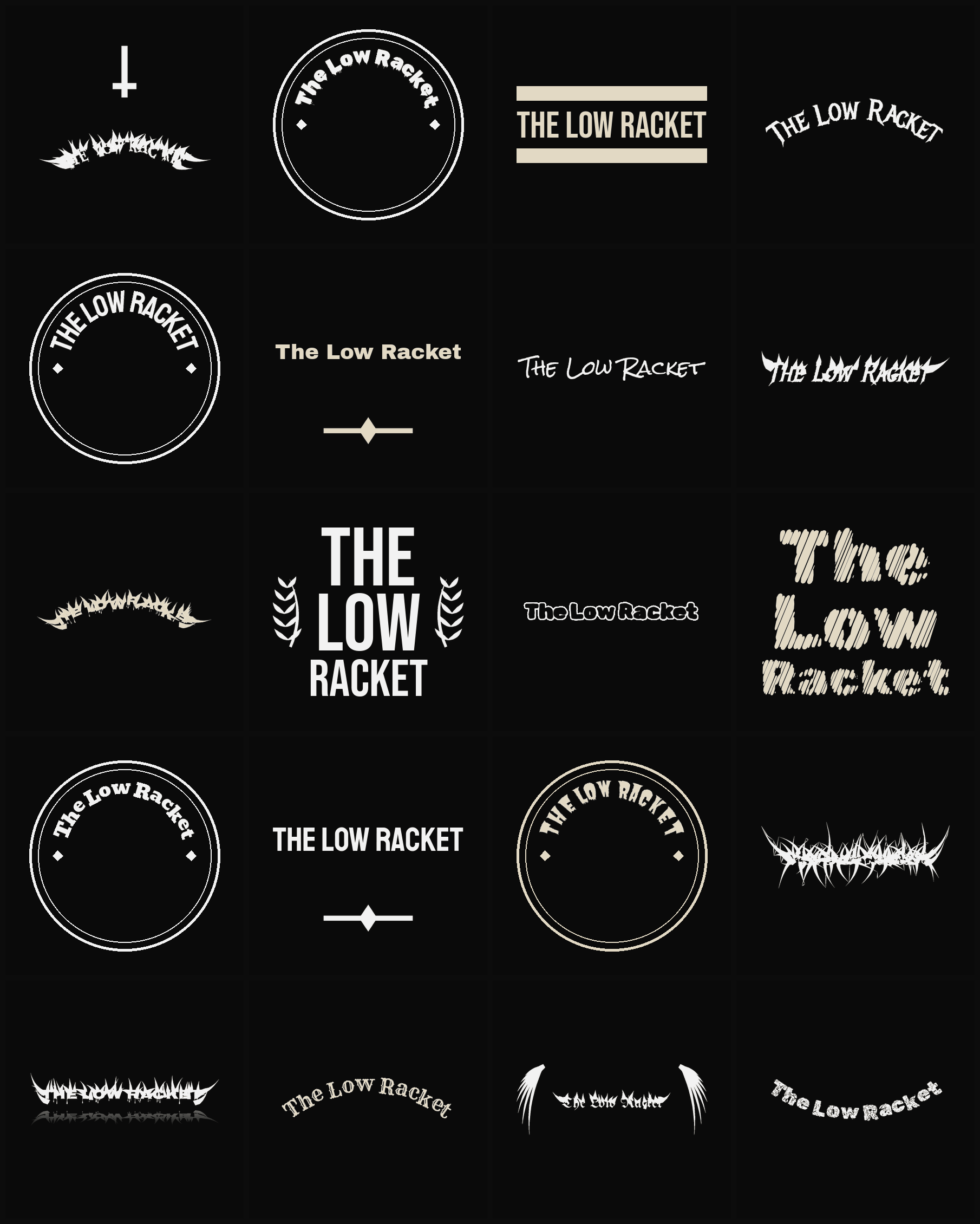Twenty The Low Racket band logo ideas — different faces, treatments and spike settings