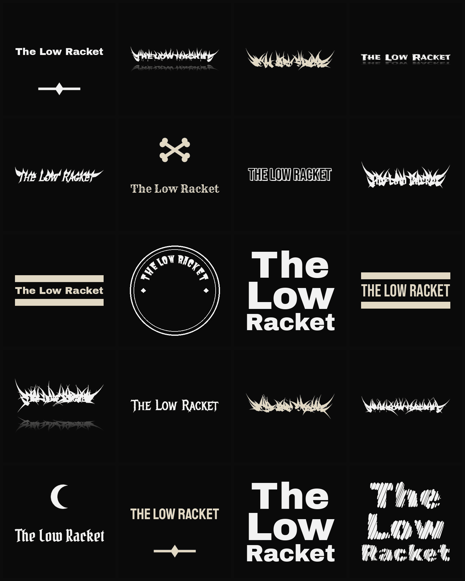 Twenty The Low Racket band logo ideas — different faces, treatments and spike settings