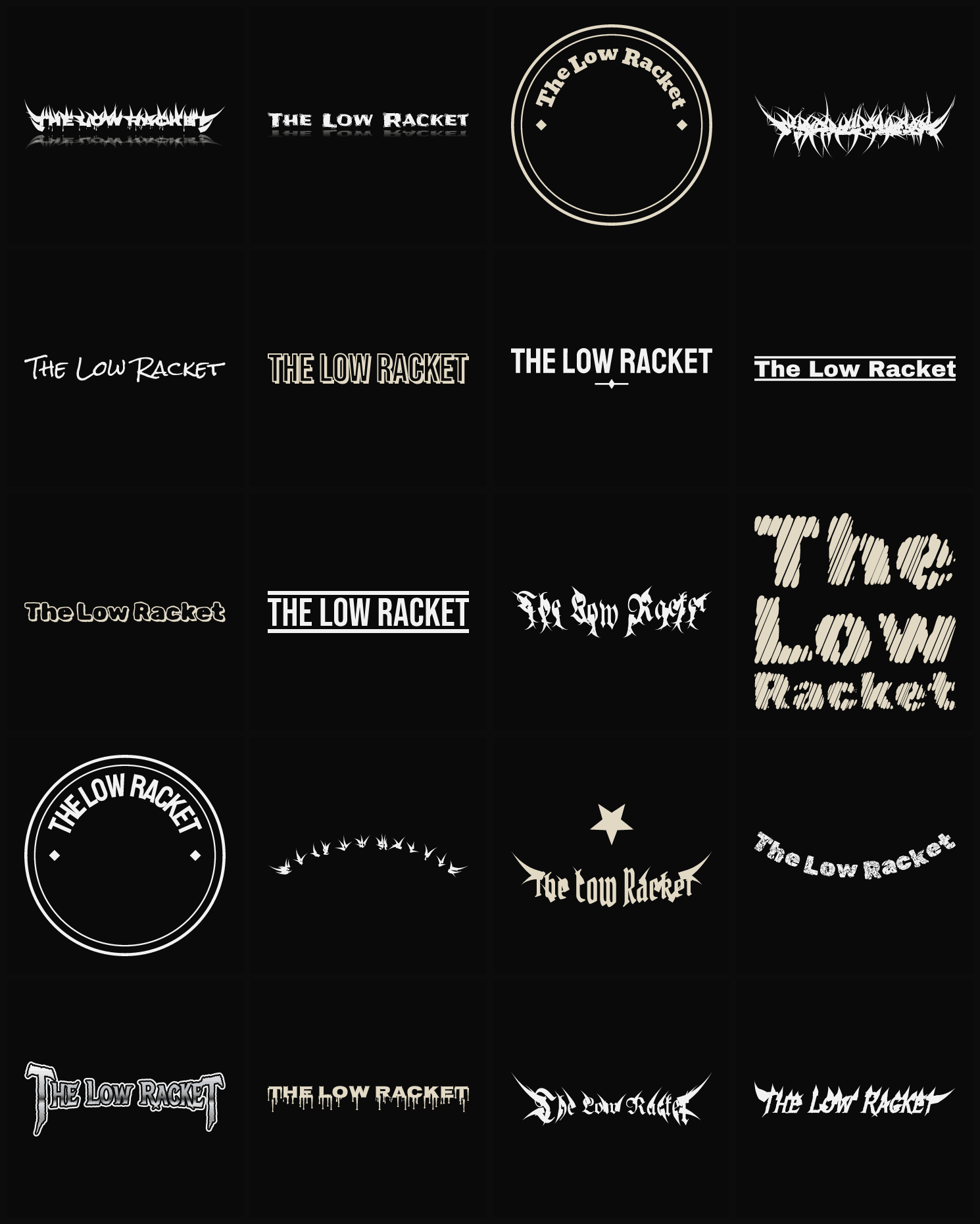 Twenty The Low Racket band logo ideas — different faces, treatments and spike settings