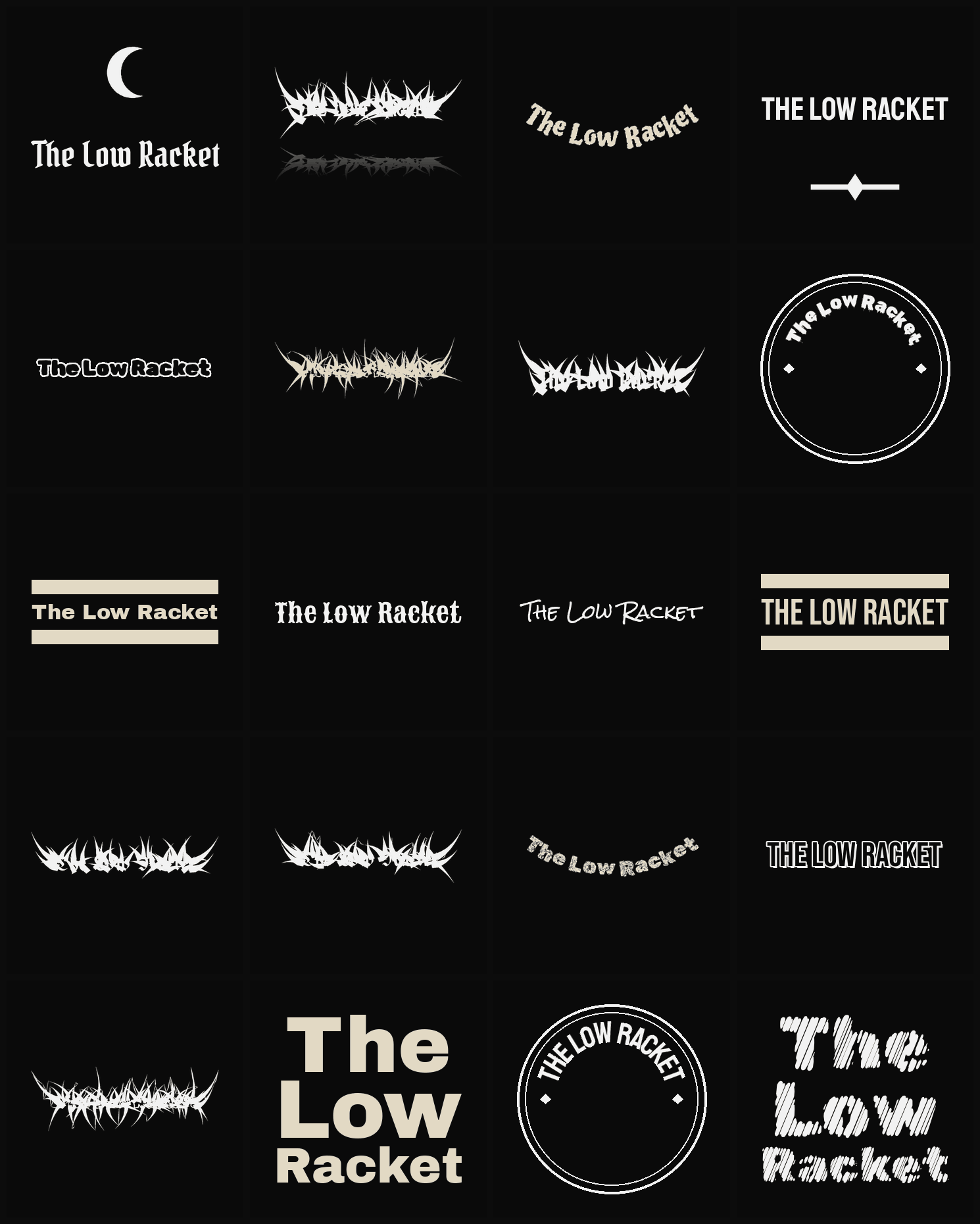 Twenty The Low Racket band logo ideas — different faces, treatments and spike settings
