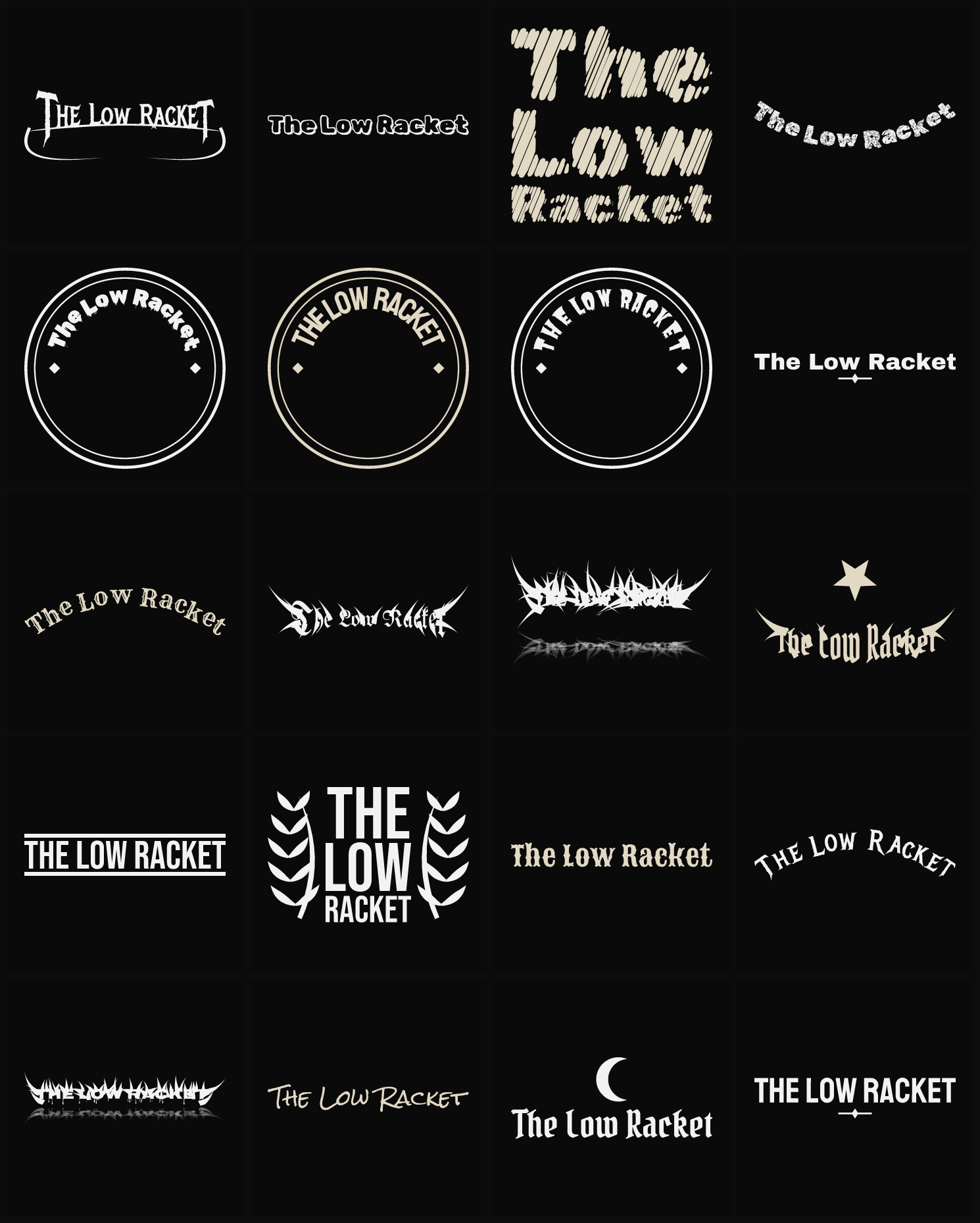 Twenty The Low Racket band logo ideas — different faces, treatments and spike settings