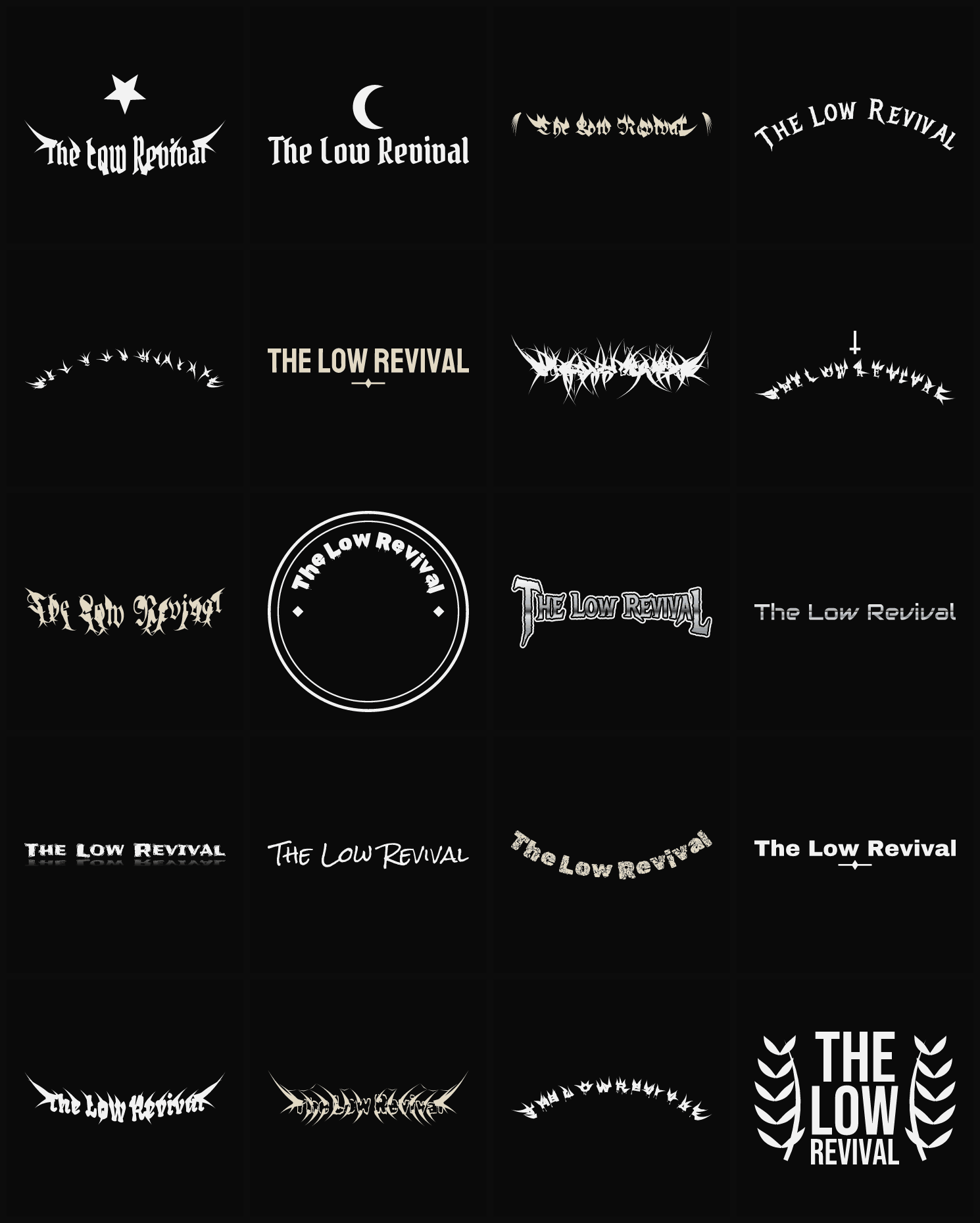 Twenty The Low Revival band logo ideas — different faces, treatments and spike settings