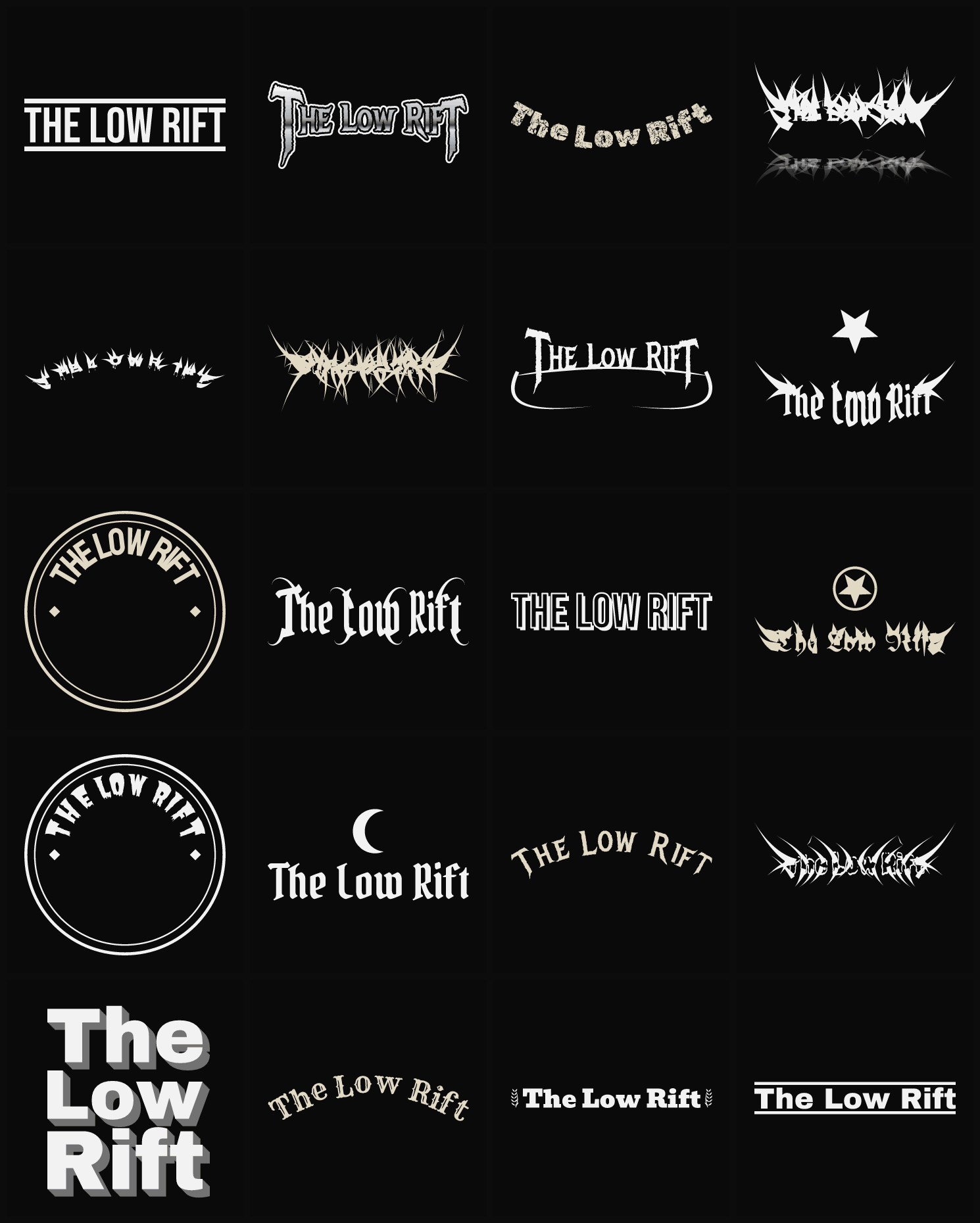 Twenty The Low Rift band logo ideas — different faces, treatments and spike settings