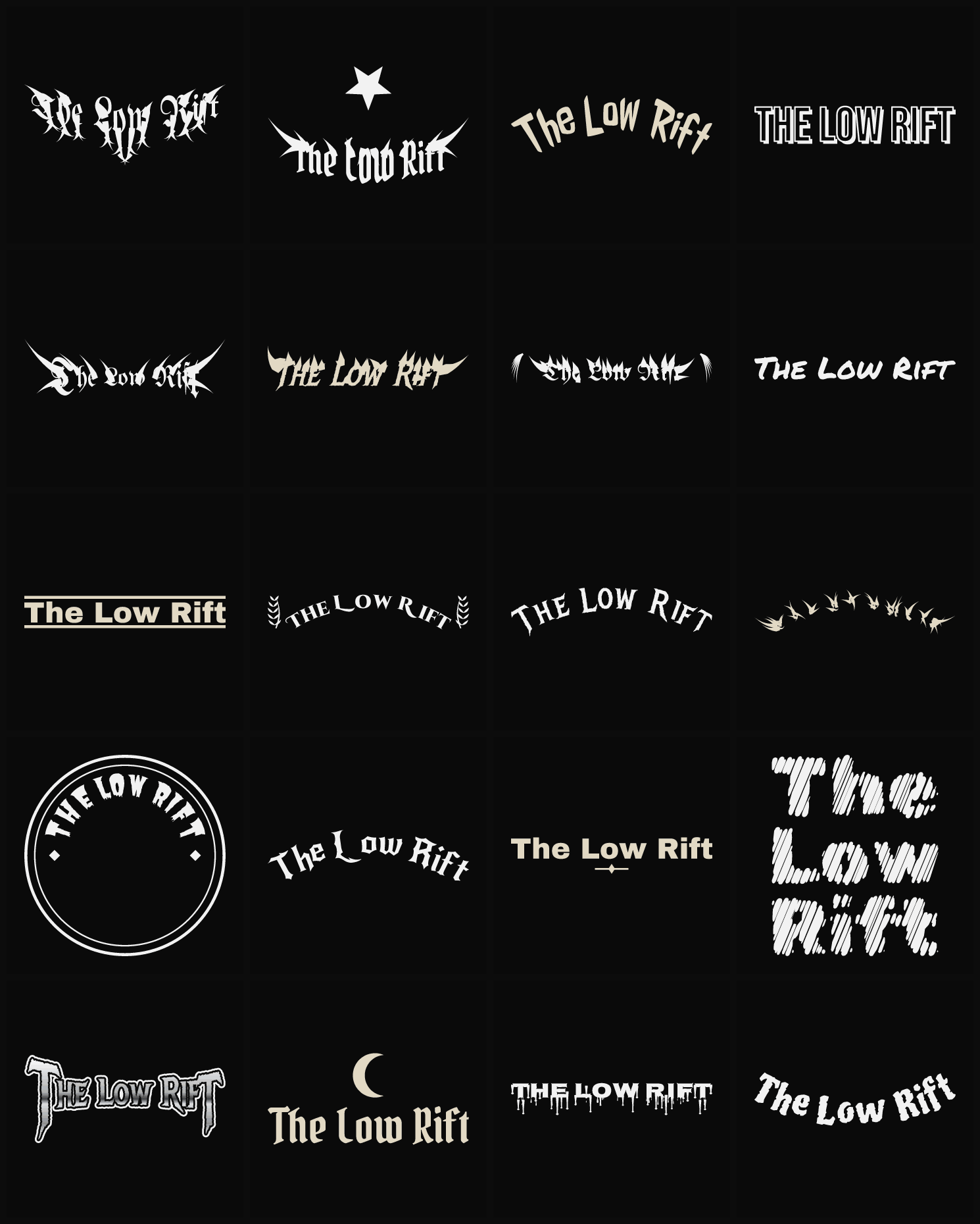Twenty The Low Rift band logo ideas — different faces, treatments and spike settings