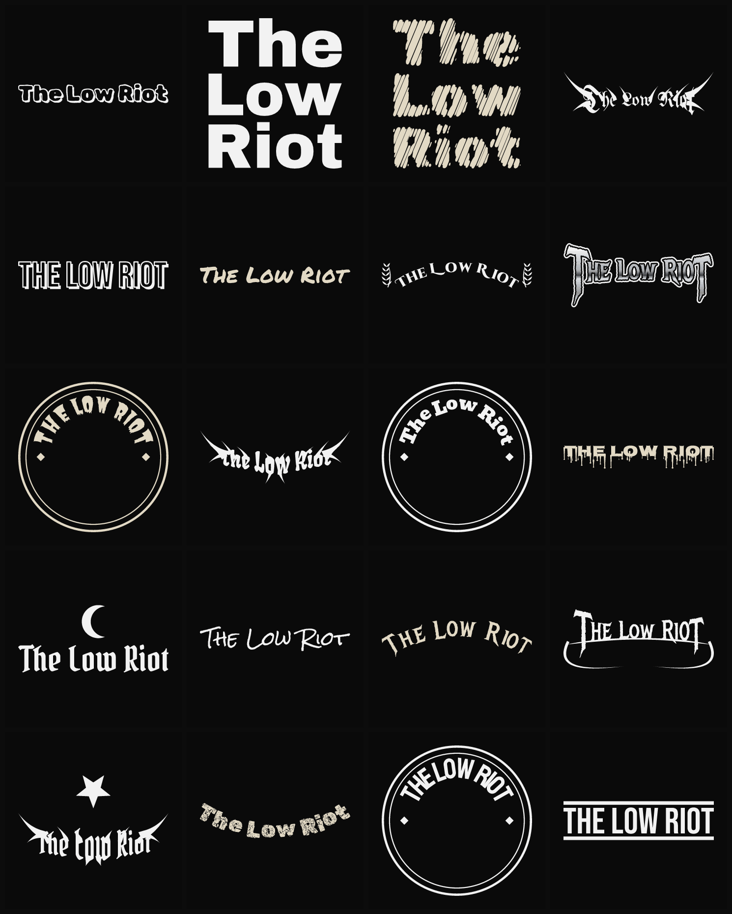 Twenty The Low Riot band logo ideas — different faces, treatments and spike settings