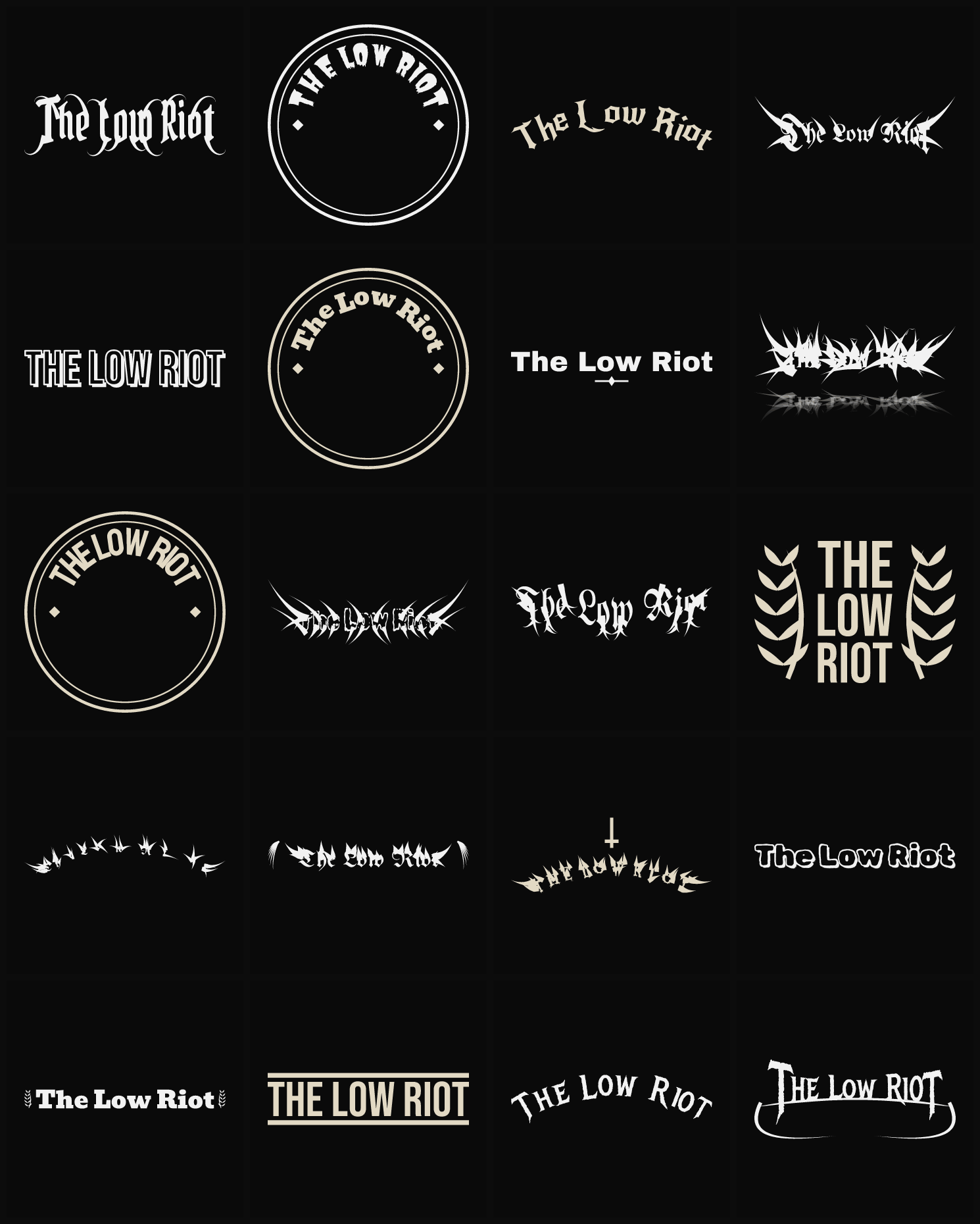 Twenty The Low Riot band logo ideas — different faces, treatments and spike settings
