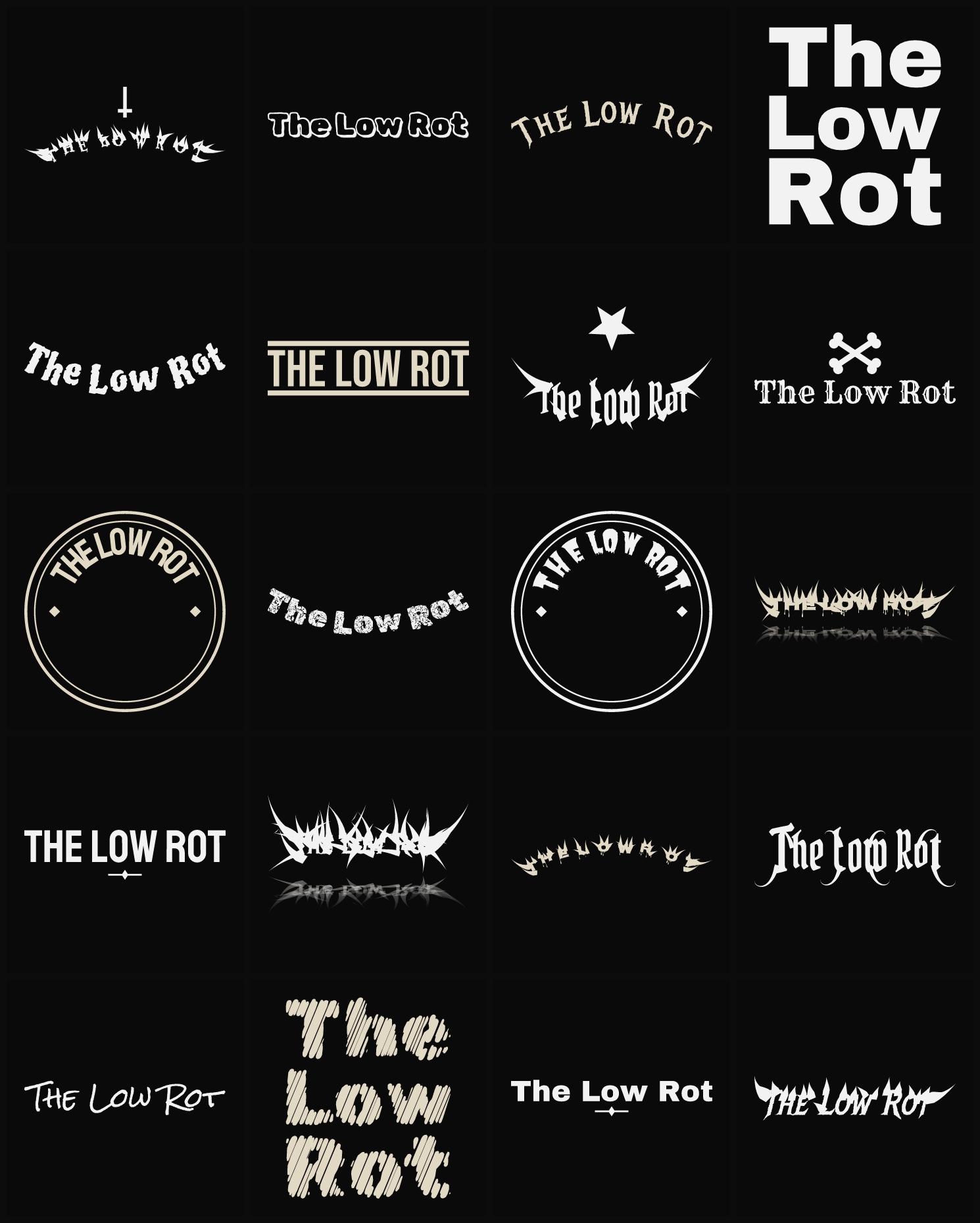 Twenty The Low Rot band logo ideas — different faces, treatments and spike settings