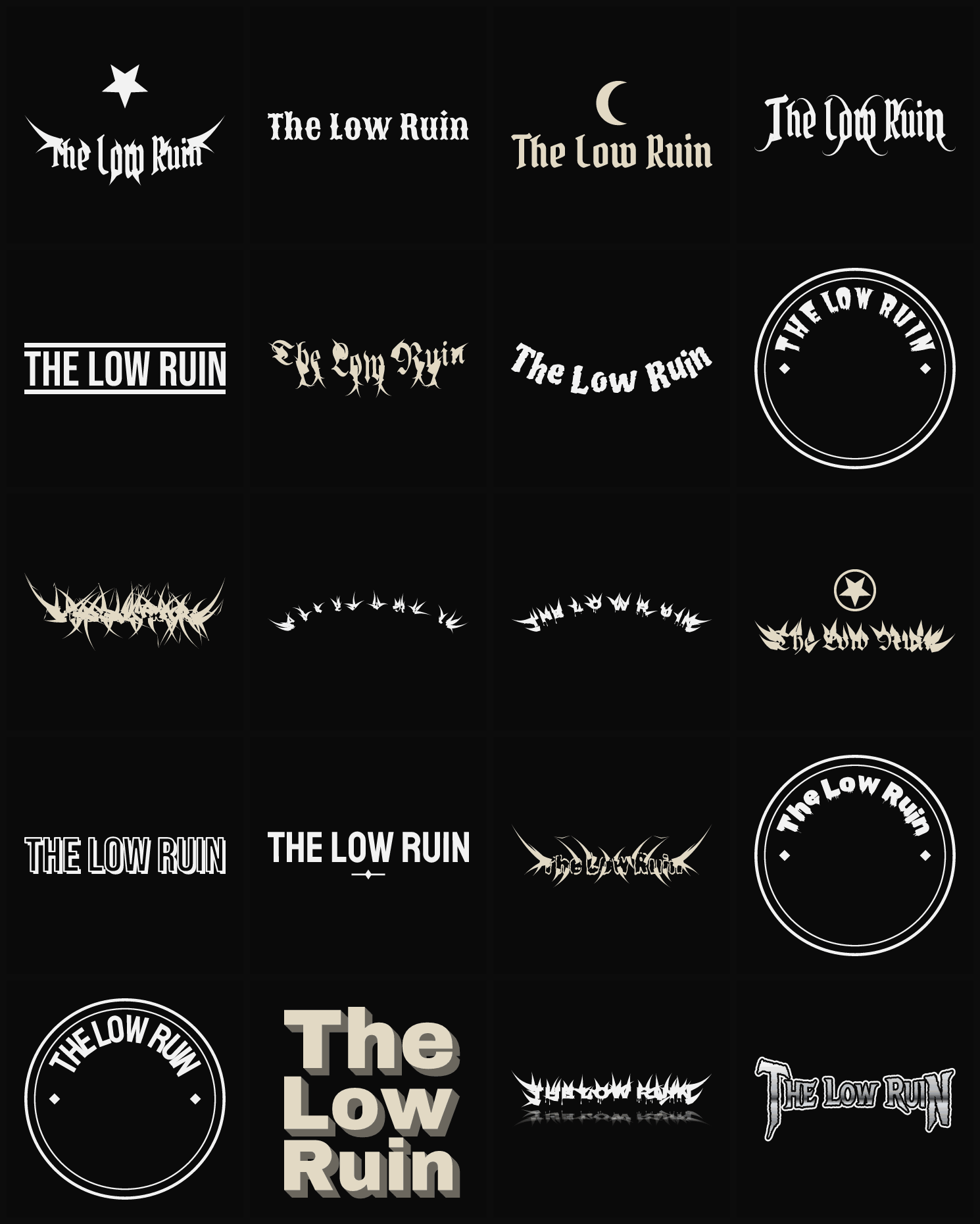 Twenty The Low Ruin band logo ideas — different faces, treatments and spike settings