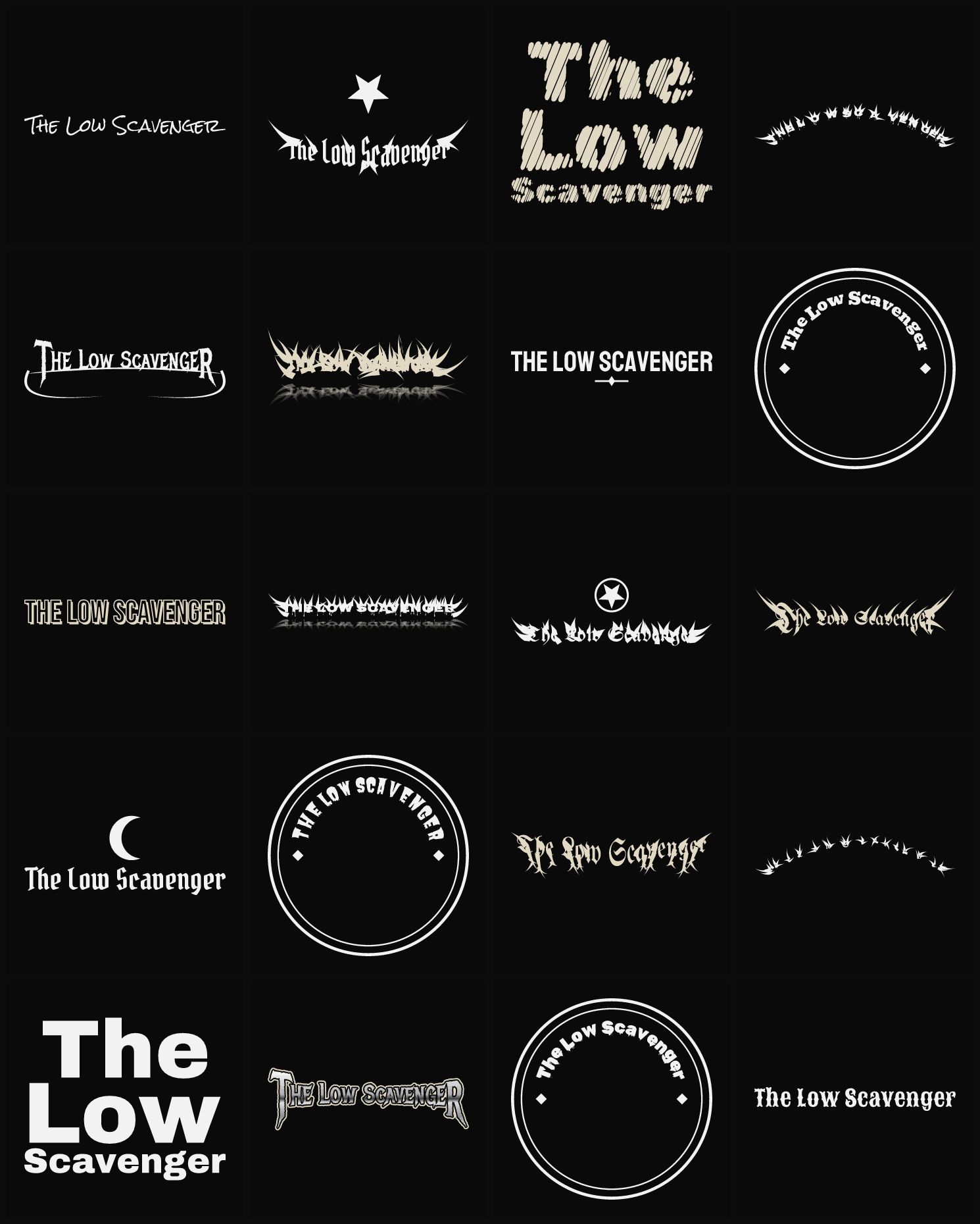 Twenty The Low Scavenger band logo ideas — different faces, treatments and spike settings