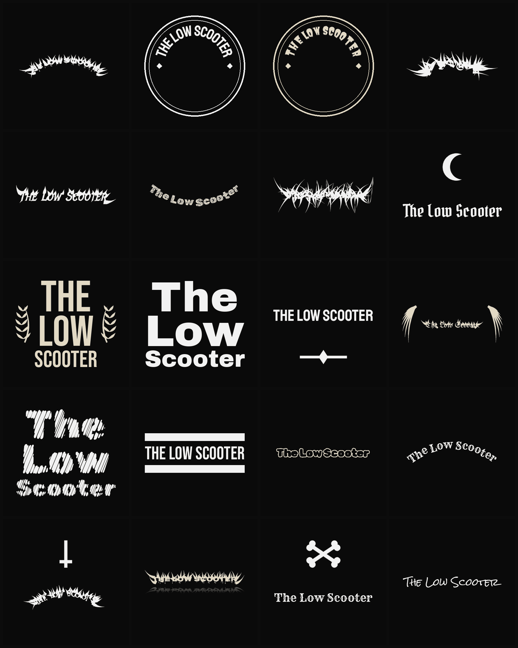 Twenty The Low Scooter band logo ideas — different faces, treatments and spike settings