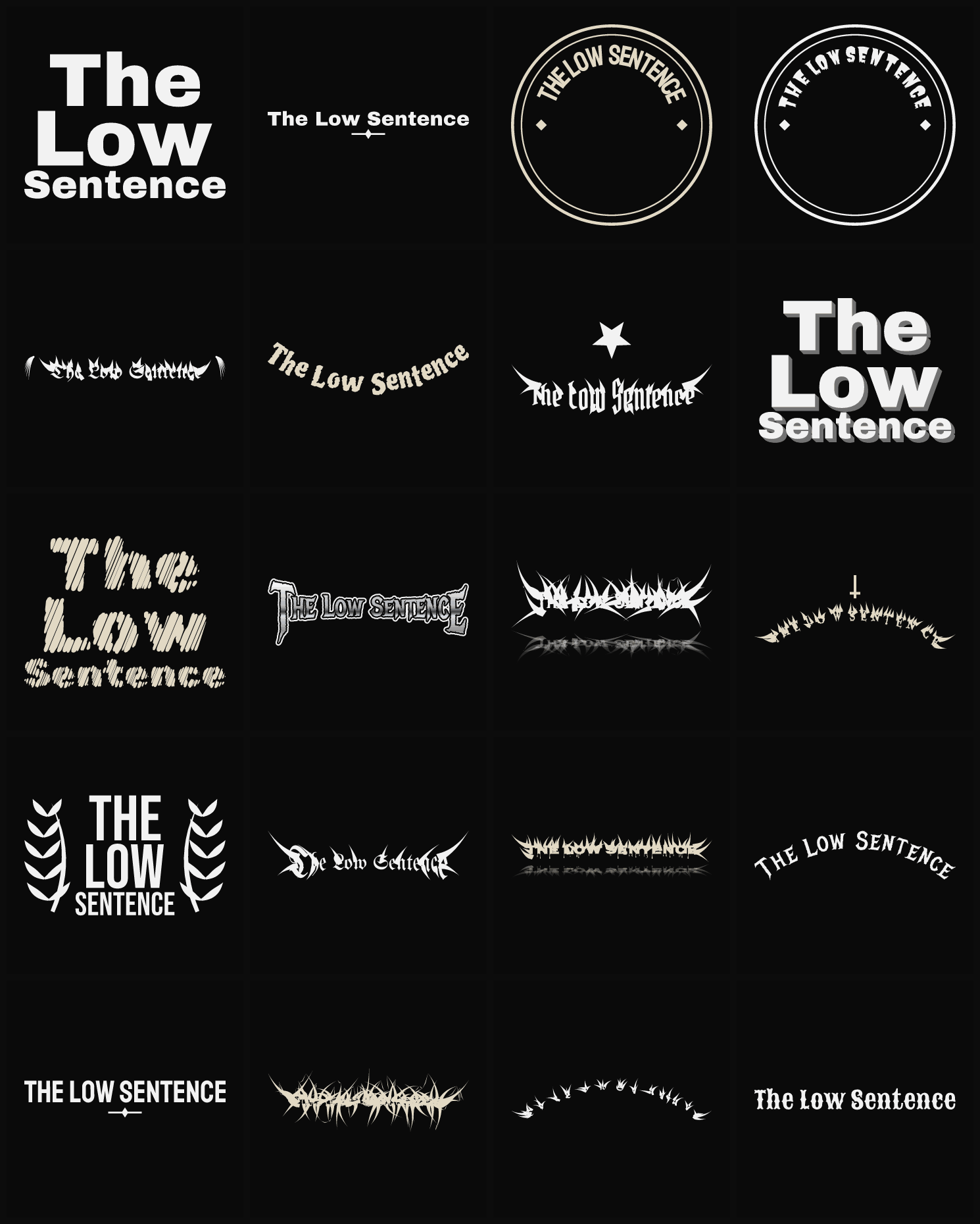 Twenty The Low Sentence band logo ideas — different faces, treatments and spike settings
