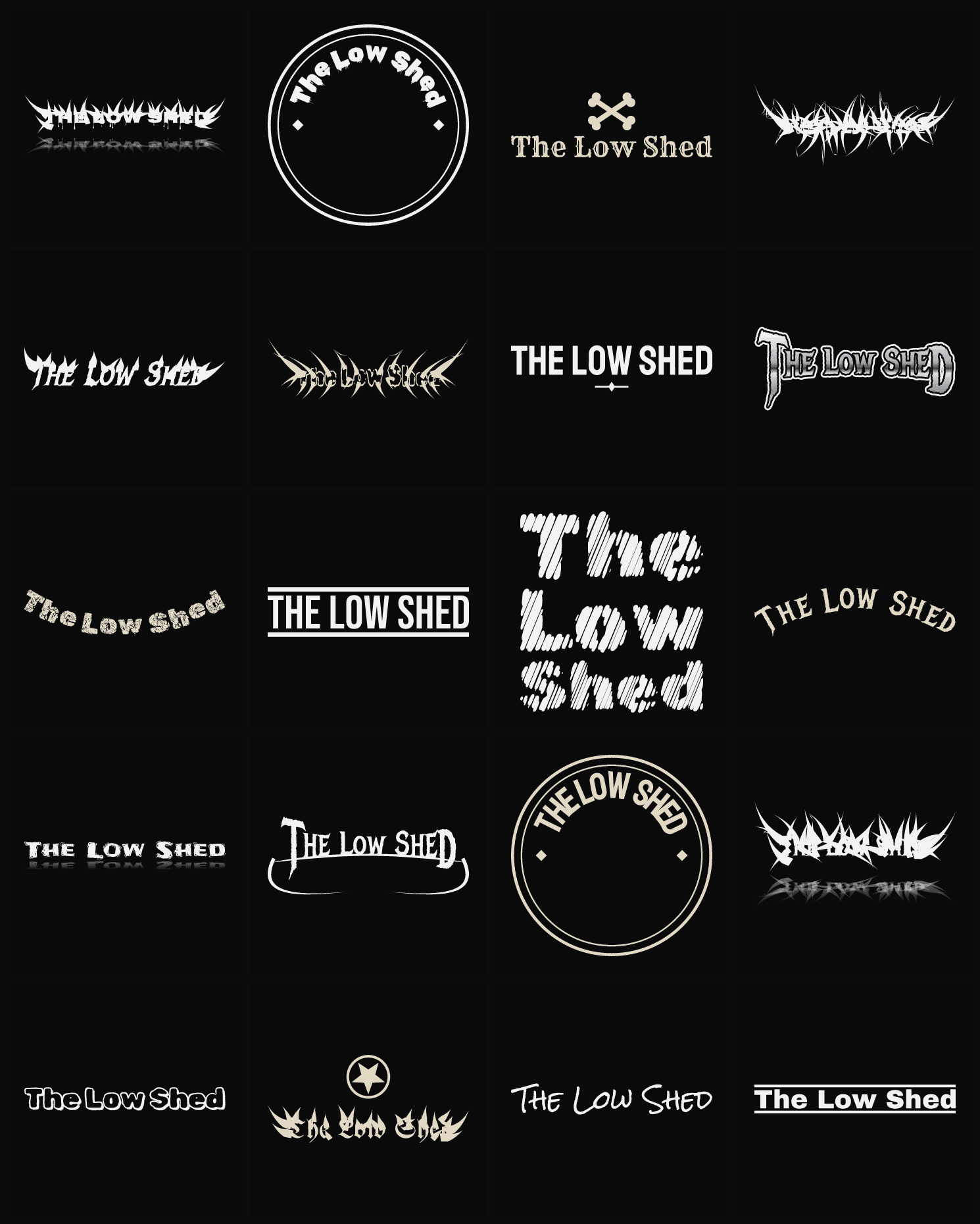 Twenty The Low Shed band logo ideas — different faces, treatments and spike settings