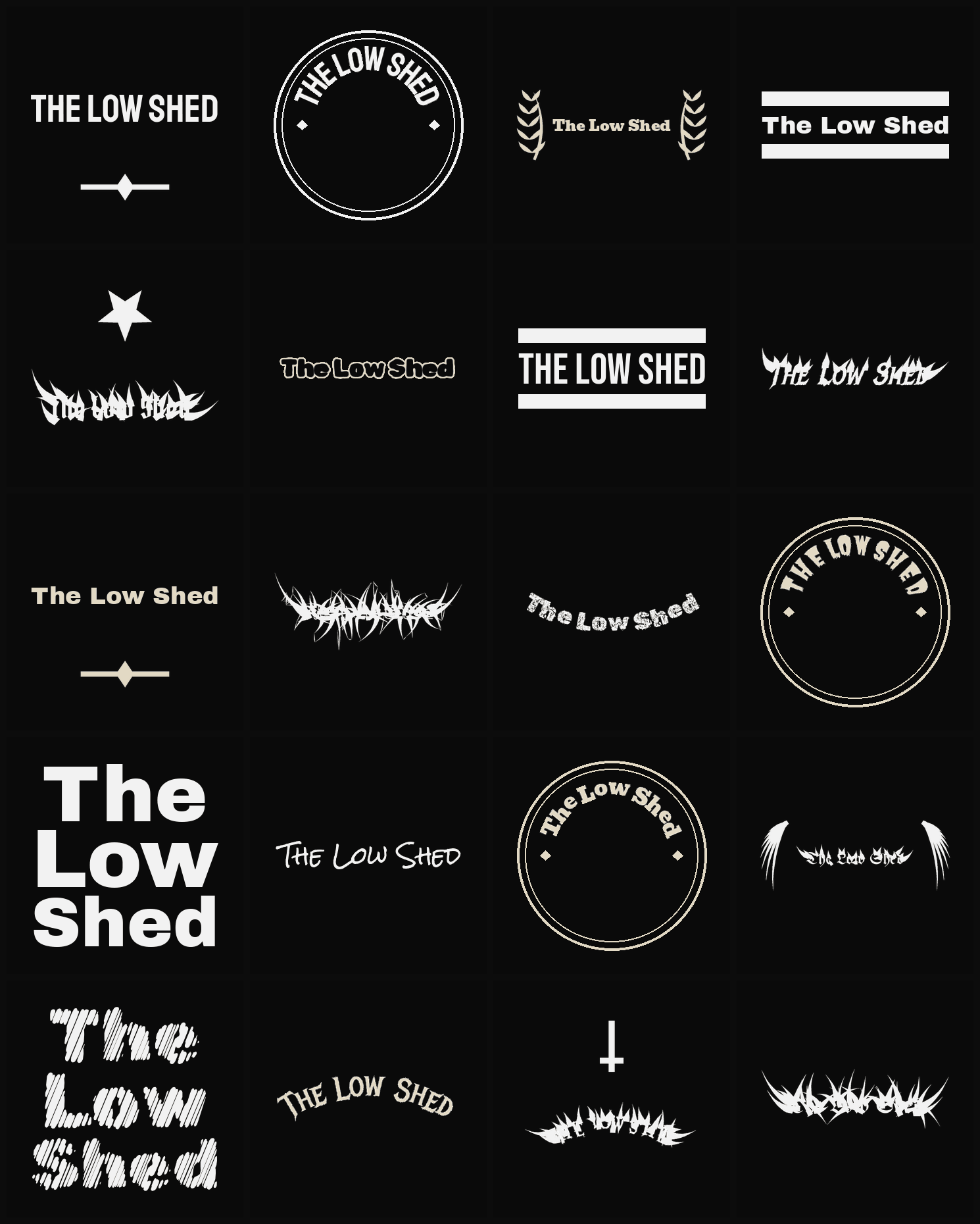 Twenty The Low Shed band logo ideas — different faces, treatments and spike settings