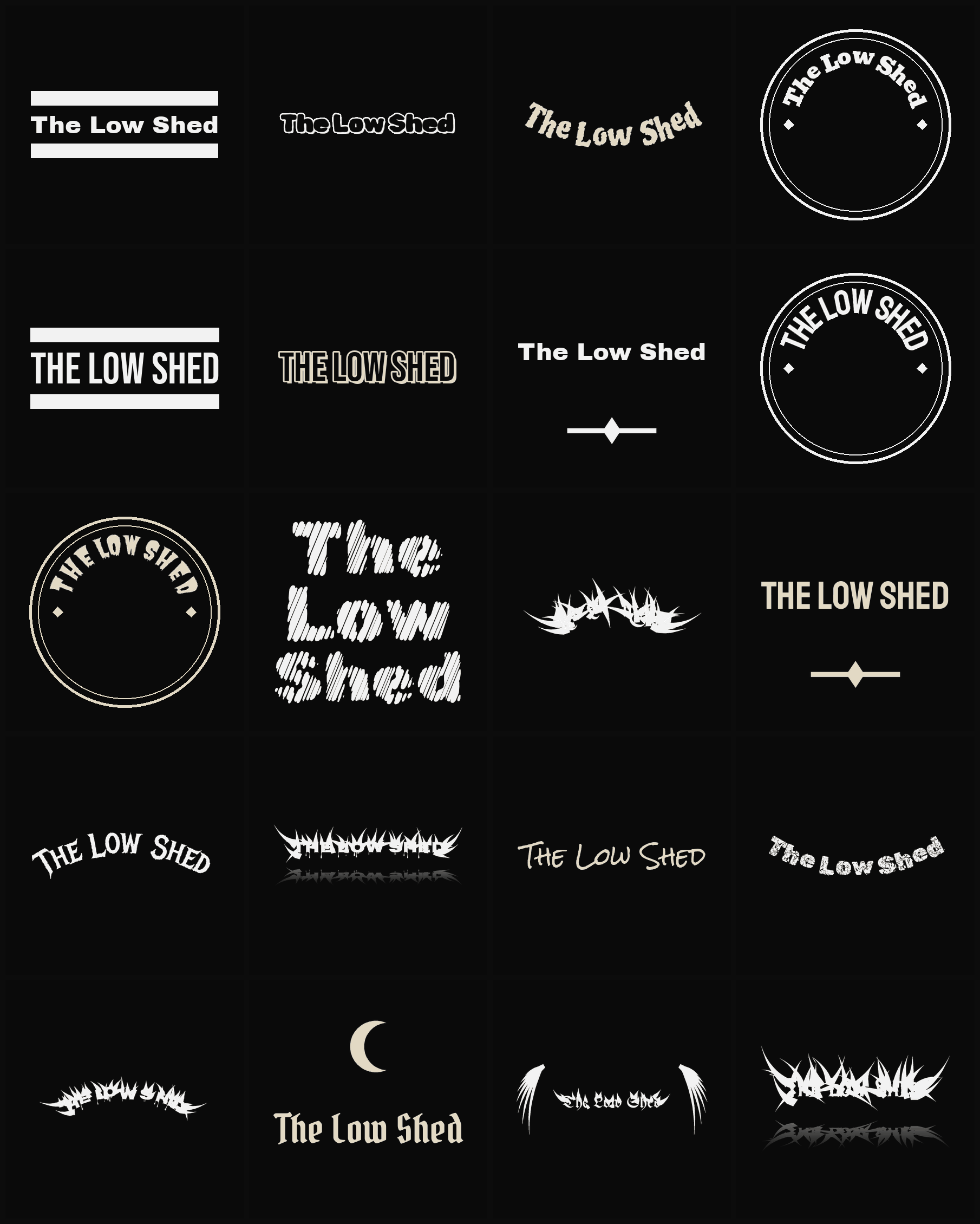 Twenty The Low Shed band logo ideas — different faces, treatments and spike settings