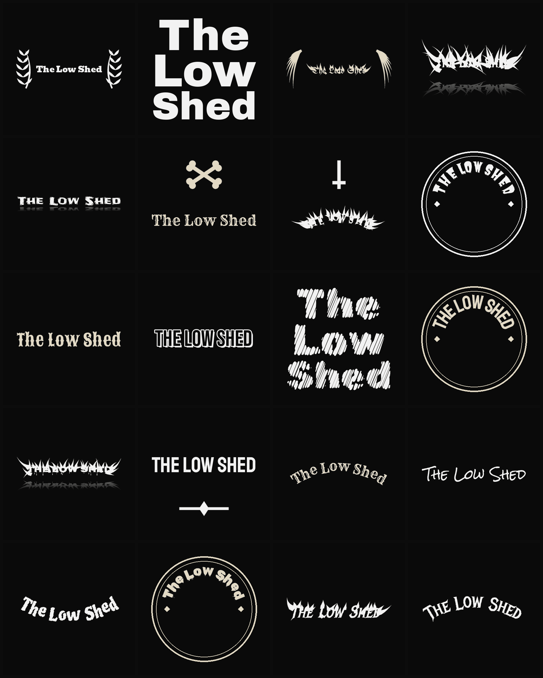 Twenty The Low Shed band logo ideas — different faces, treatments and spike settings