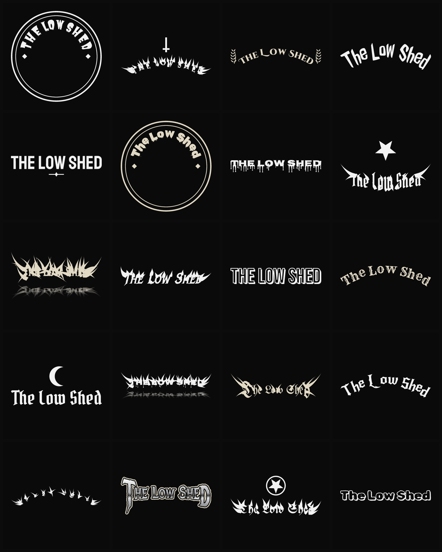 Twenty The Low Shed band logo ideas — different faces, treatments and spike settings