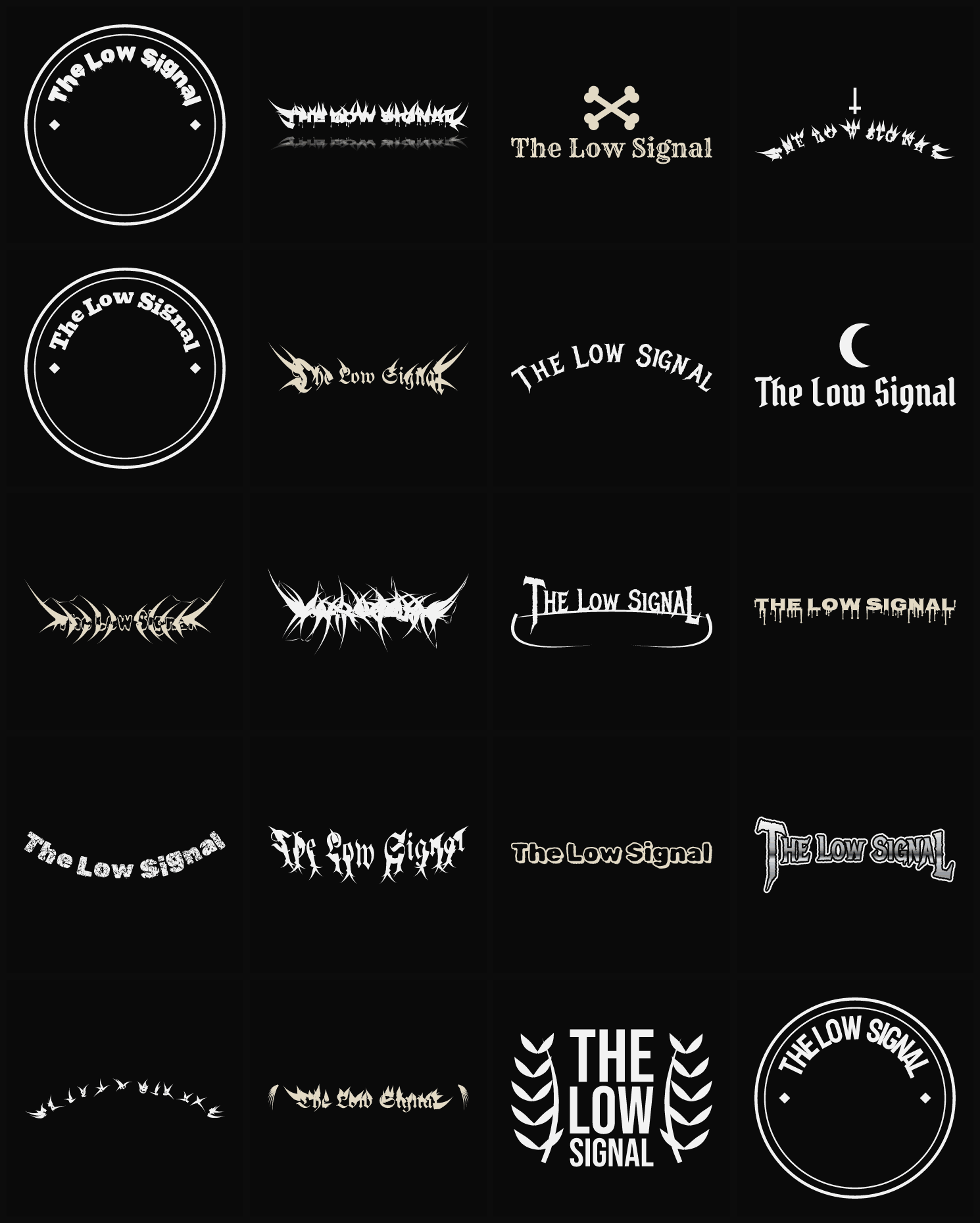 Twenty The Low Signal band logo ideas — different faces, treatments and spike settings