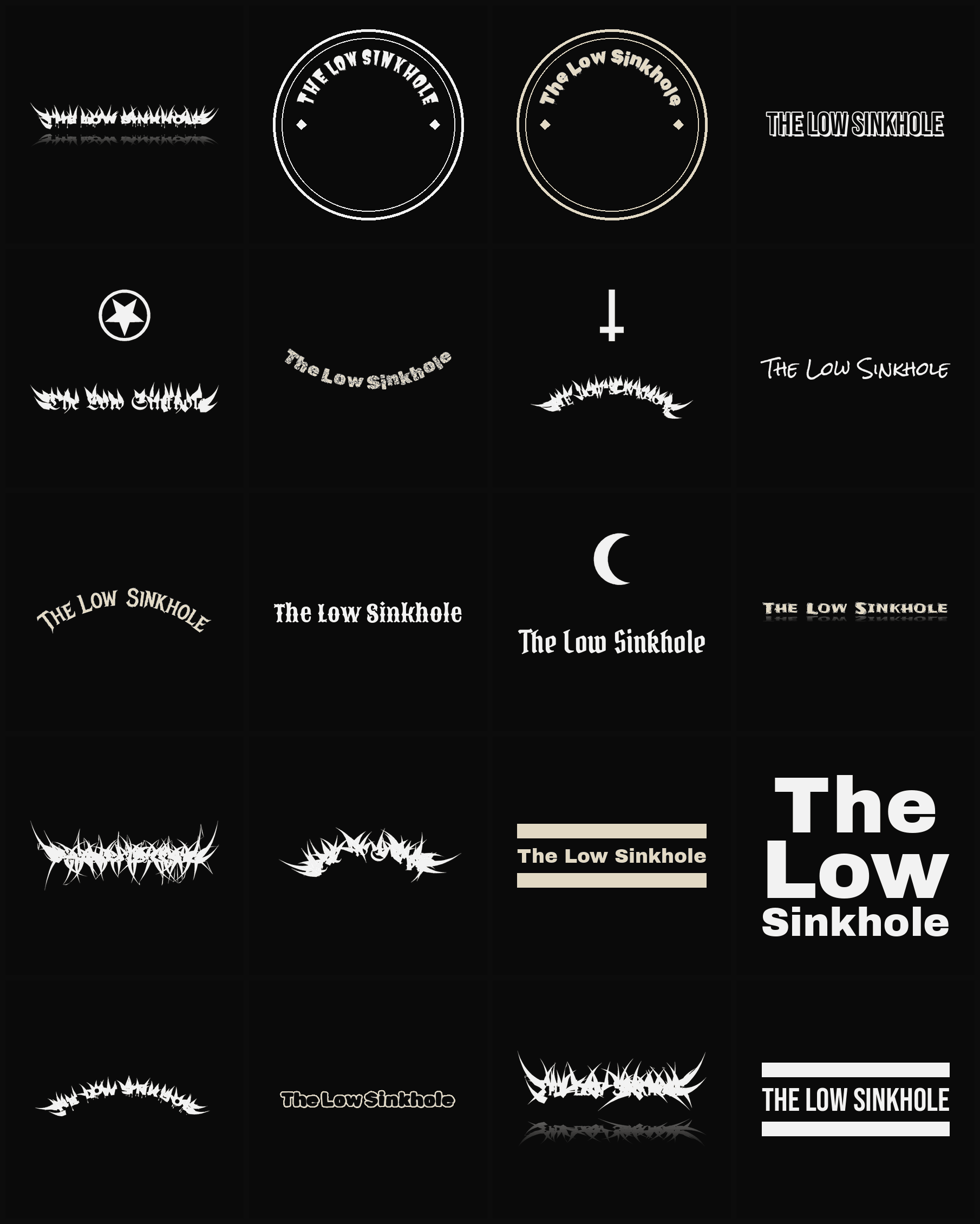 Twenty The Low Sinkhole band logo ideas — different faces, treatments and spike settings