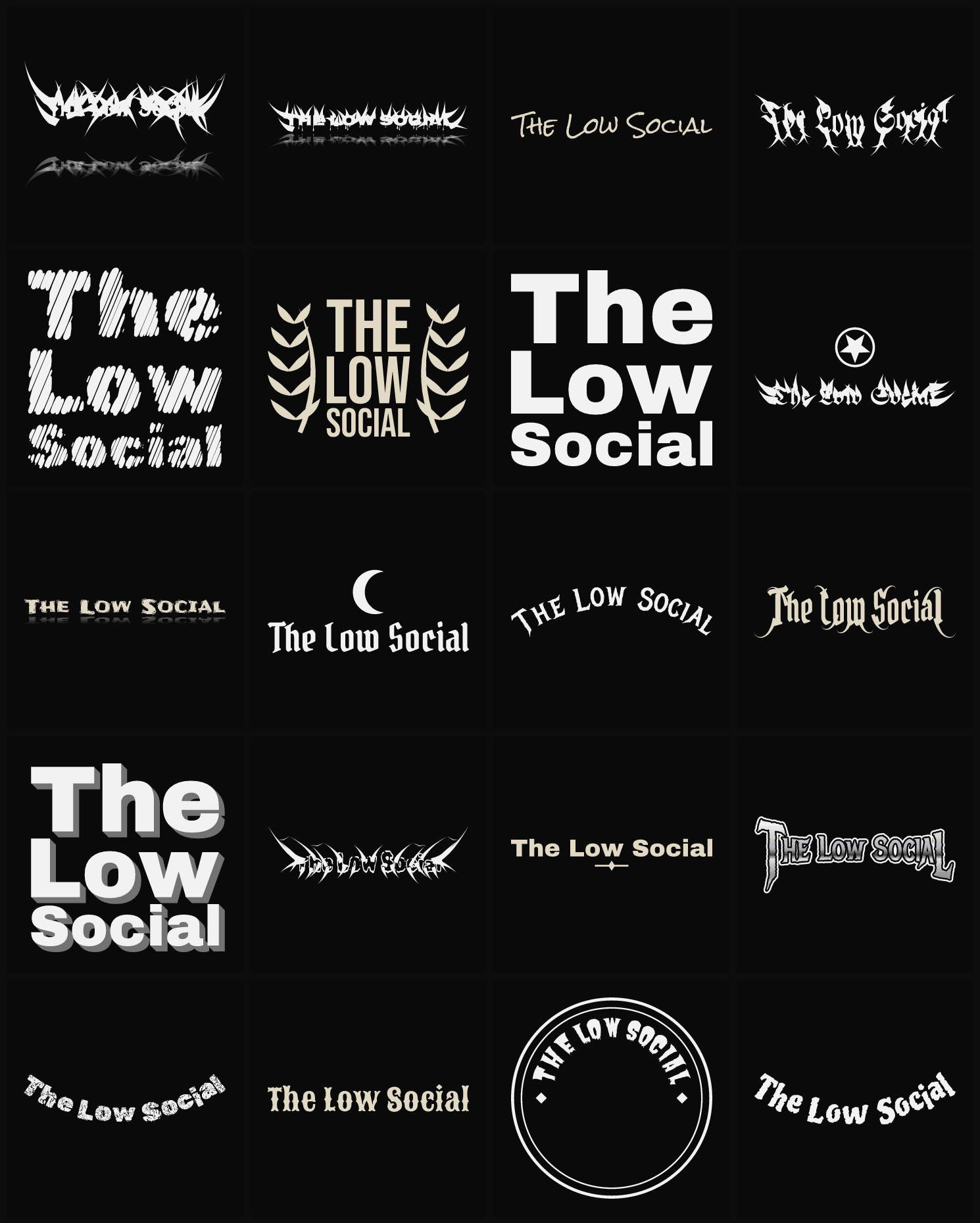 Twenty The Low Social band logo ideas — different faces, treatments and spike settings