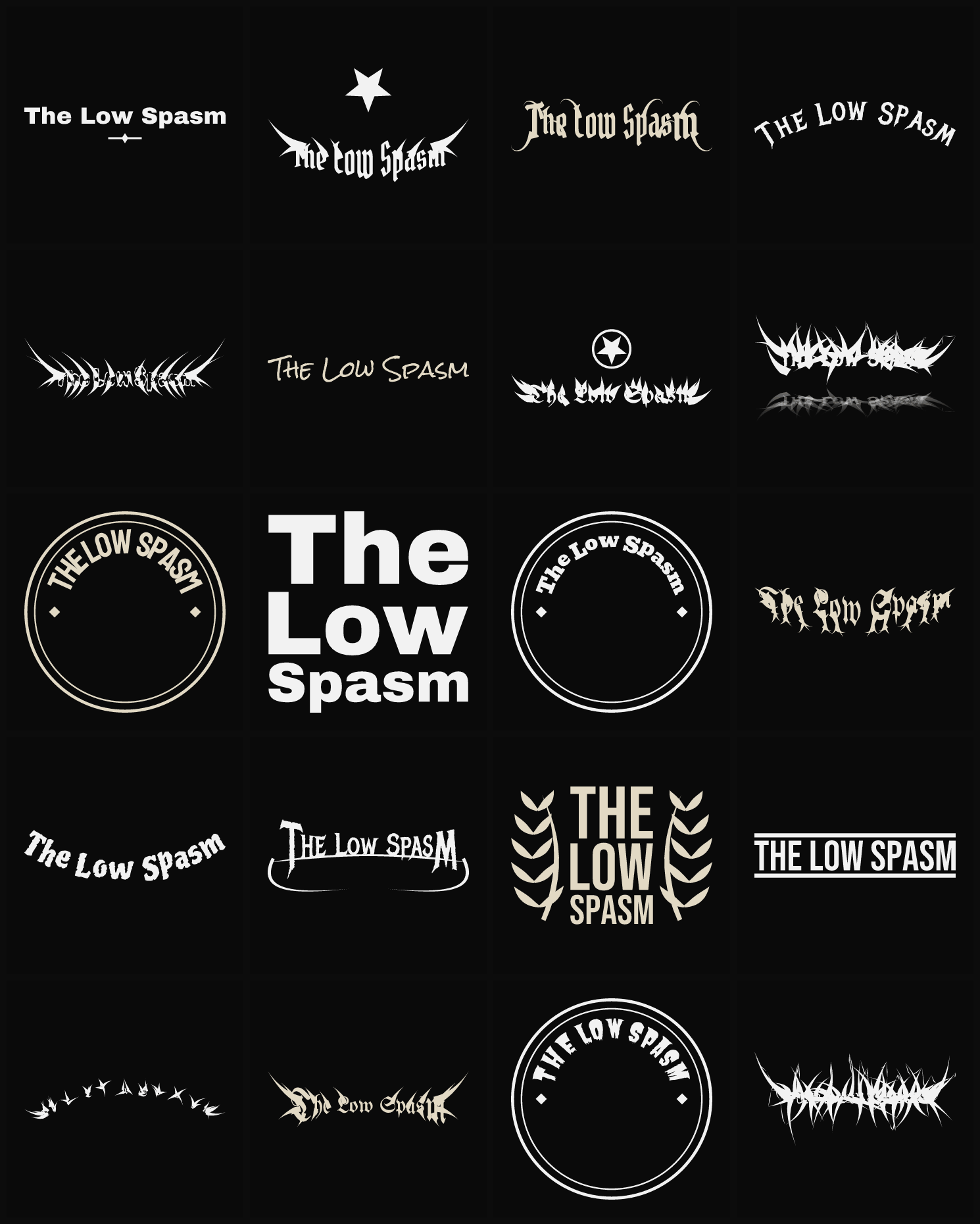 Twenty The Low Spasm band logo ideas — different faces, treatments and spike settings
