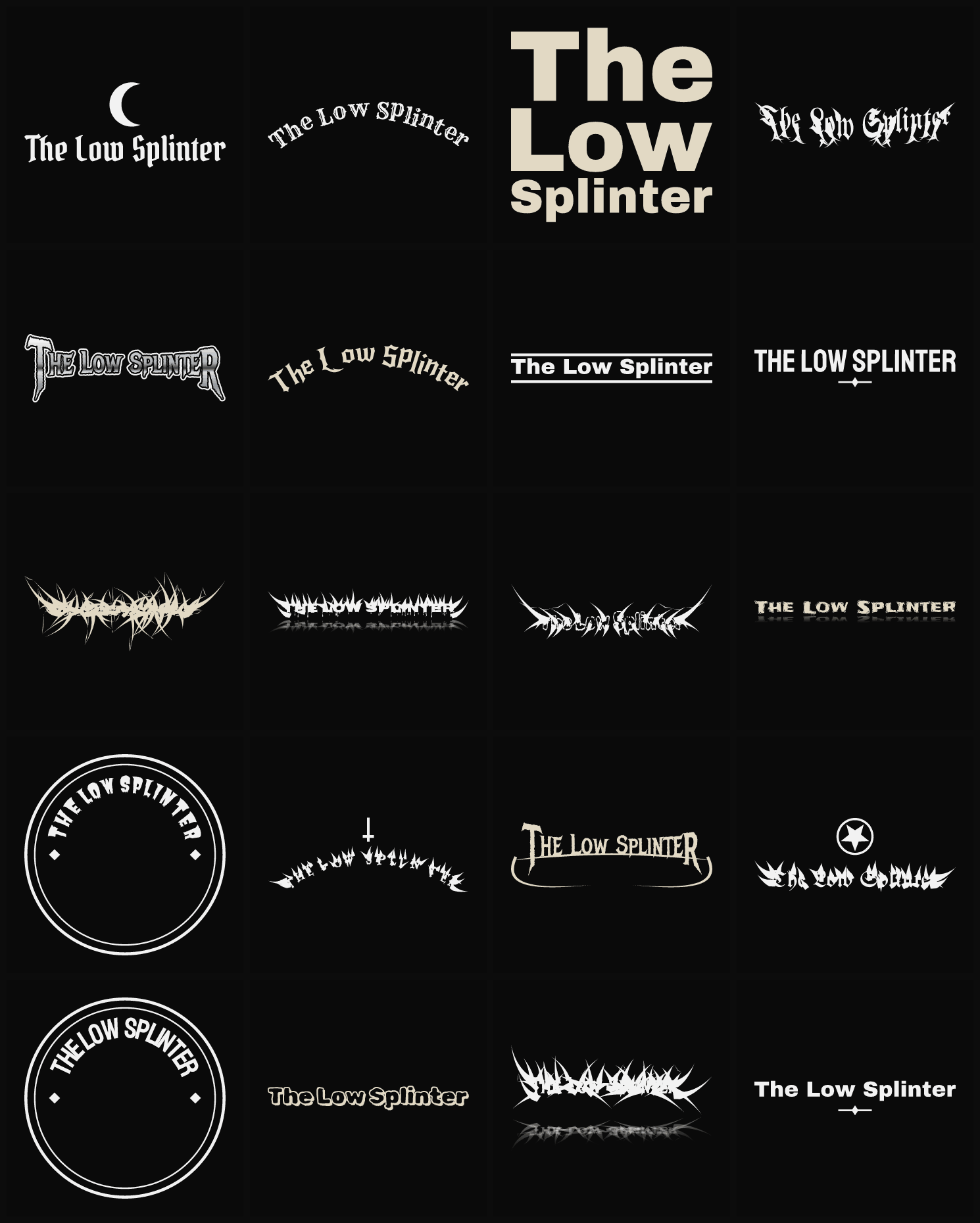 Twenty The Low Splinter band logo ideas — different faces, treatments and spike settings