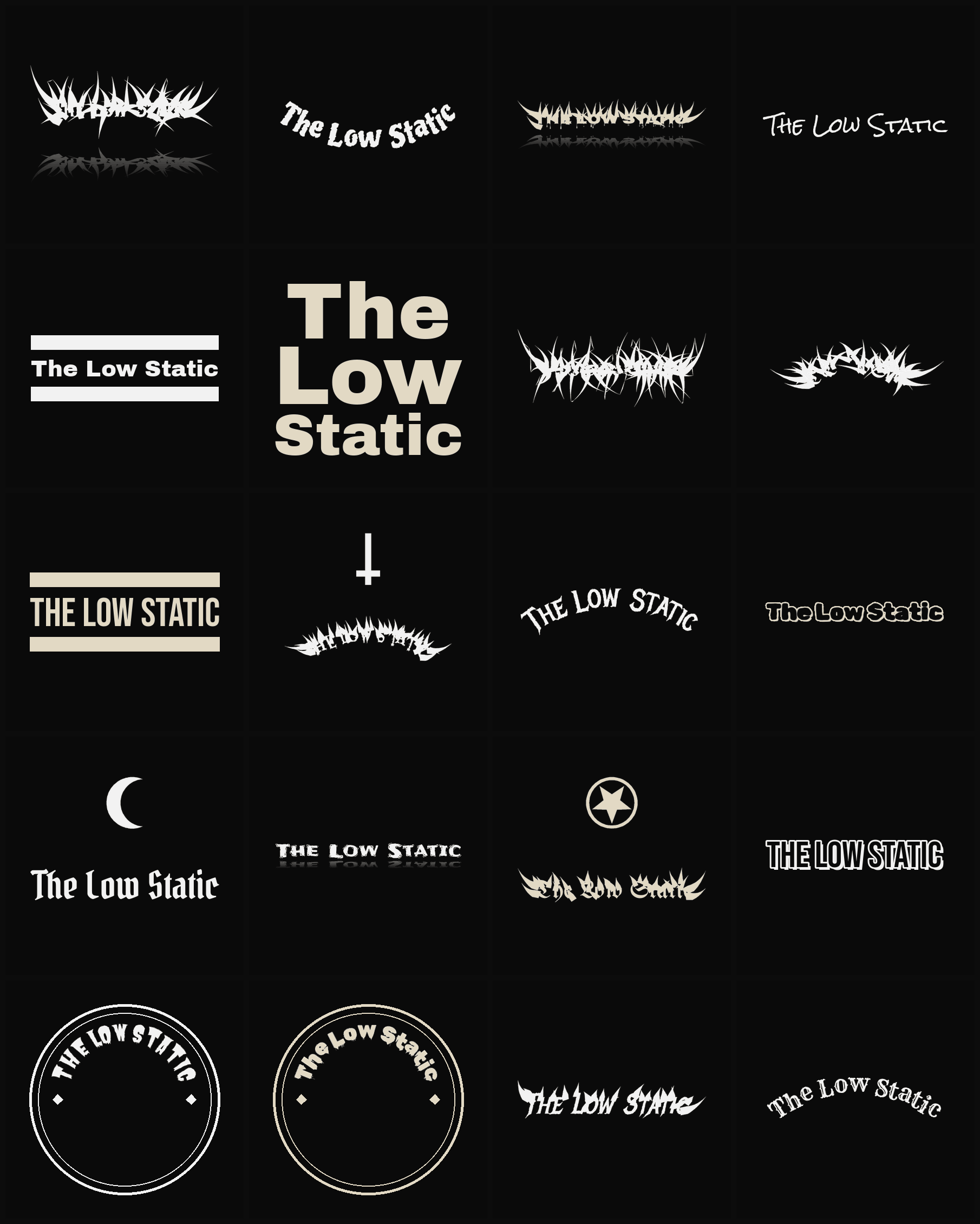 Twenty The Low Static band logo ideas — different faces, treatments and spike settings