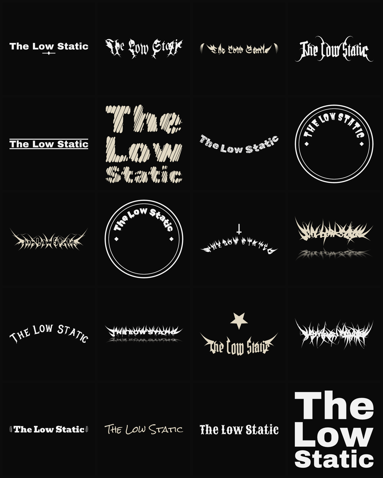 Twenty The Low Static band logo ideas — different faces, treatments and spike settings
