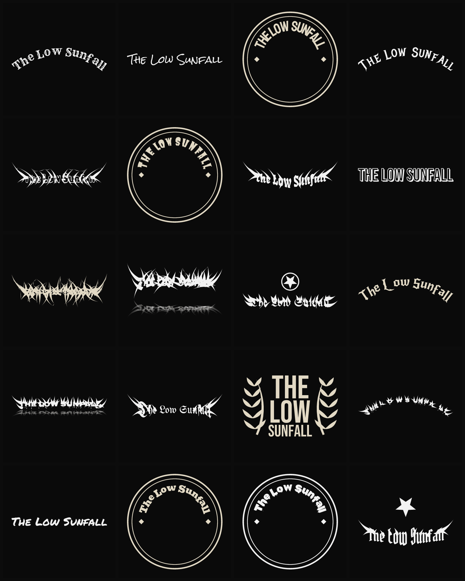 Twenty The Low Sunfall band logo ideas — different faces, treatments and spike settings