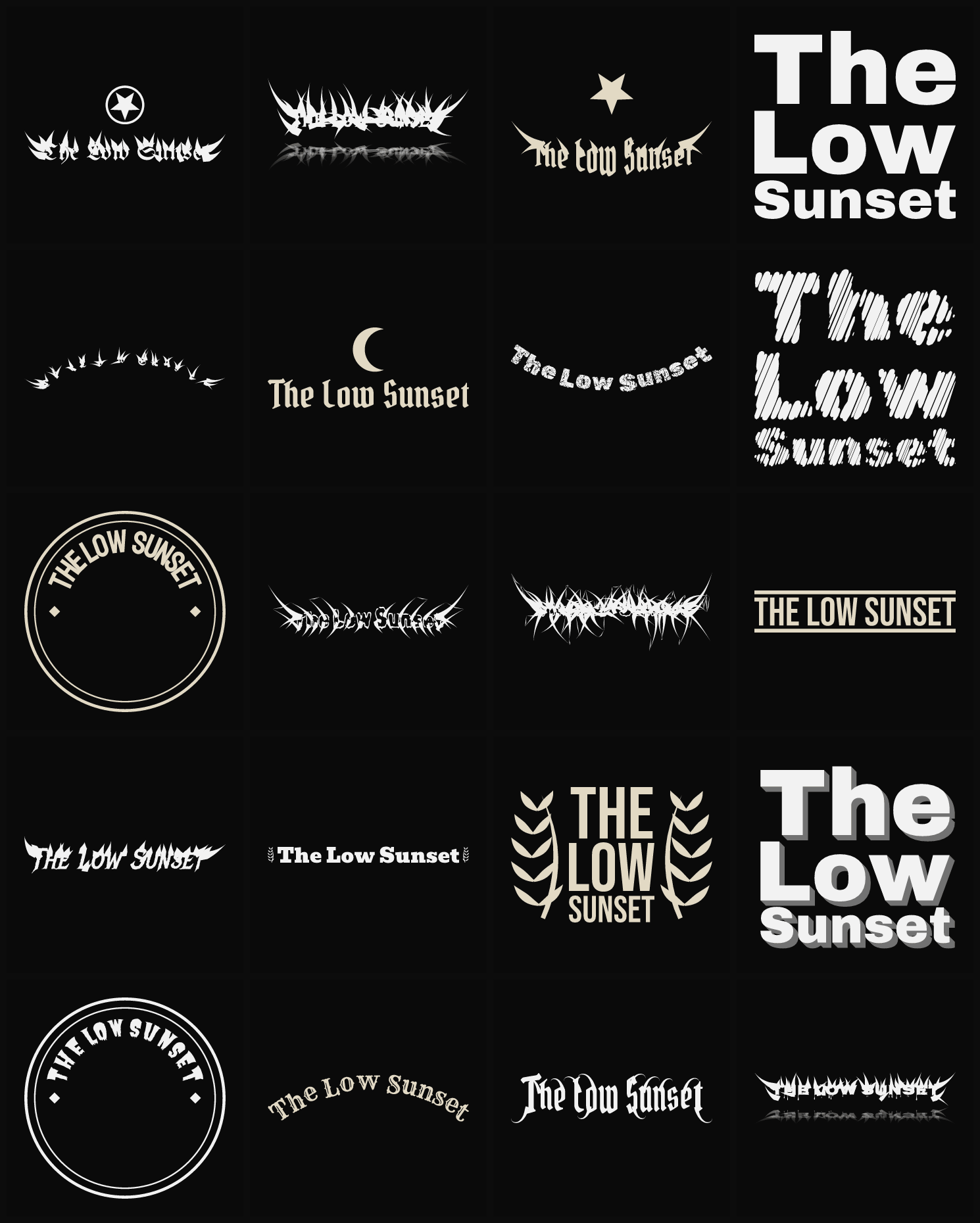 Twenty The Low Sunset band logo ideas — different faces, treatments and spike settings