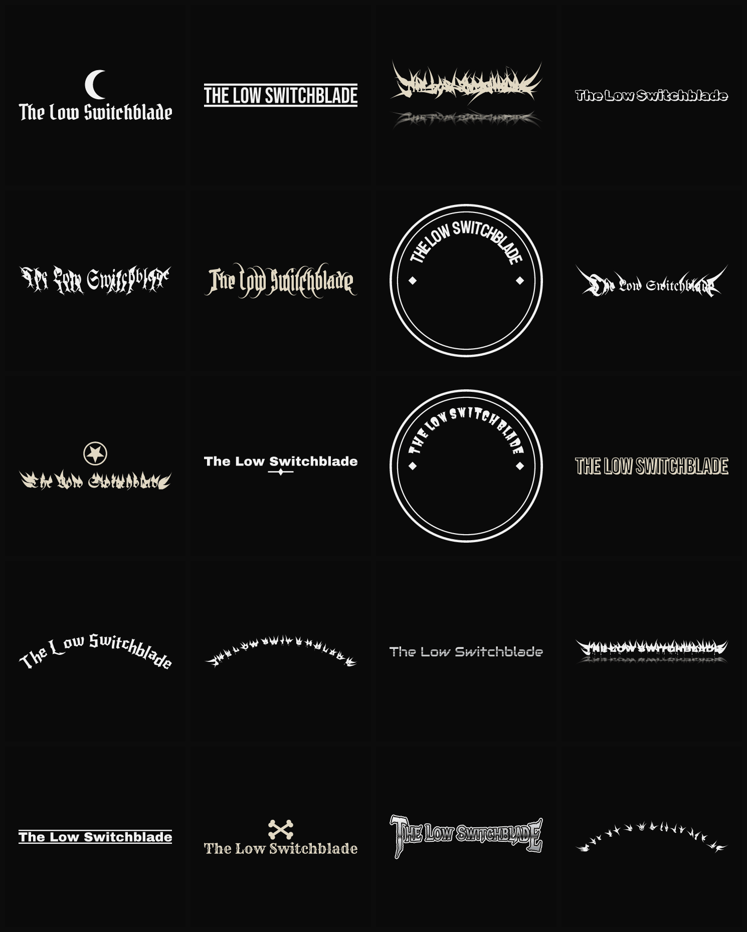 Twenty The Low Switchblade band logo ideas — different faces, treatments and spike settings