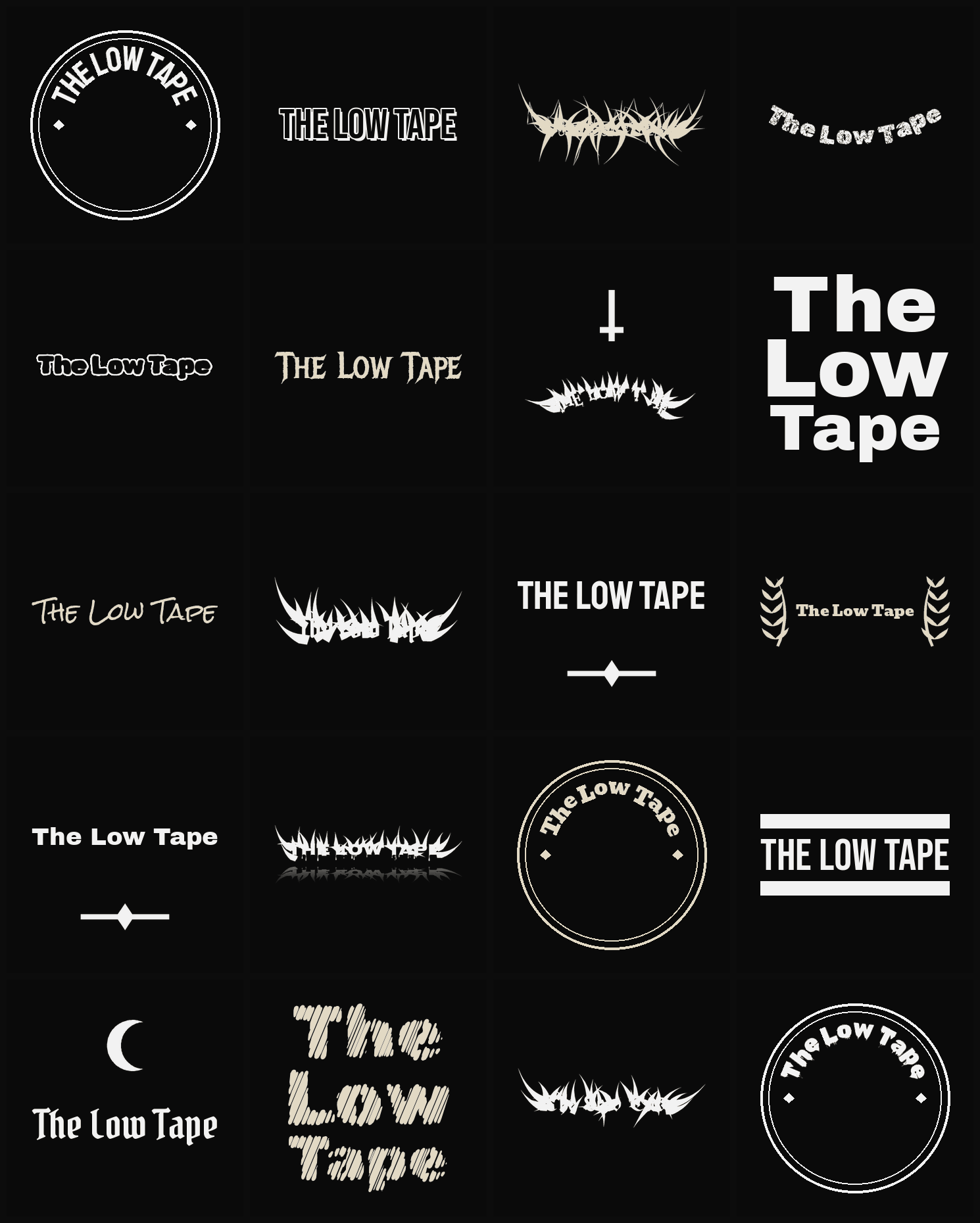 Twenty The Low Tape band logo ideas — different faces, treatments and spike settings