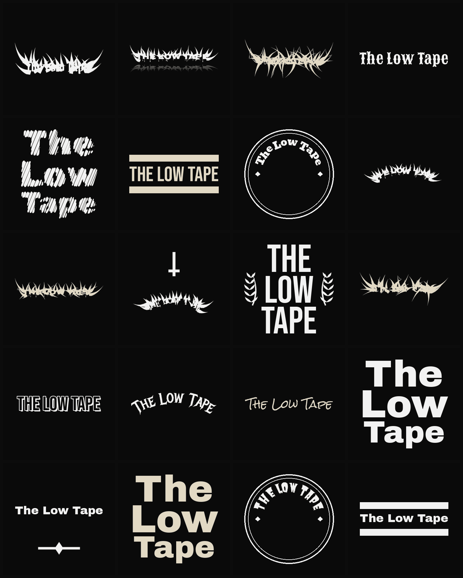 Twenty The Low Tape band logo ideas — different faces, treatments and spike settings