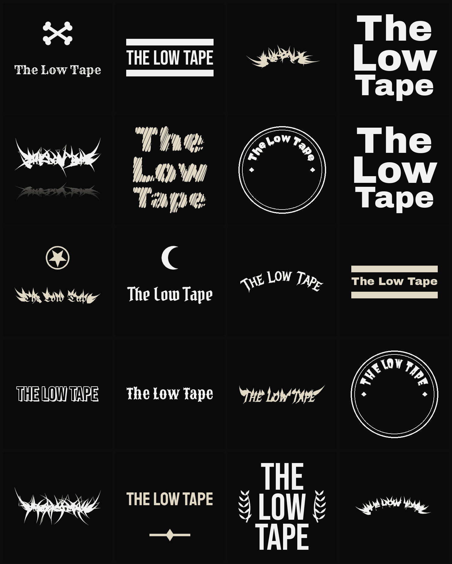 Twenty The Low Tape band logo ideas — different faces, treatments and spike settings