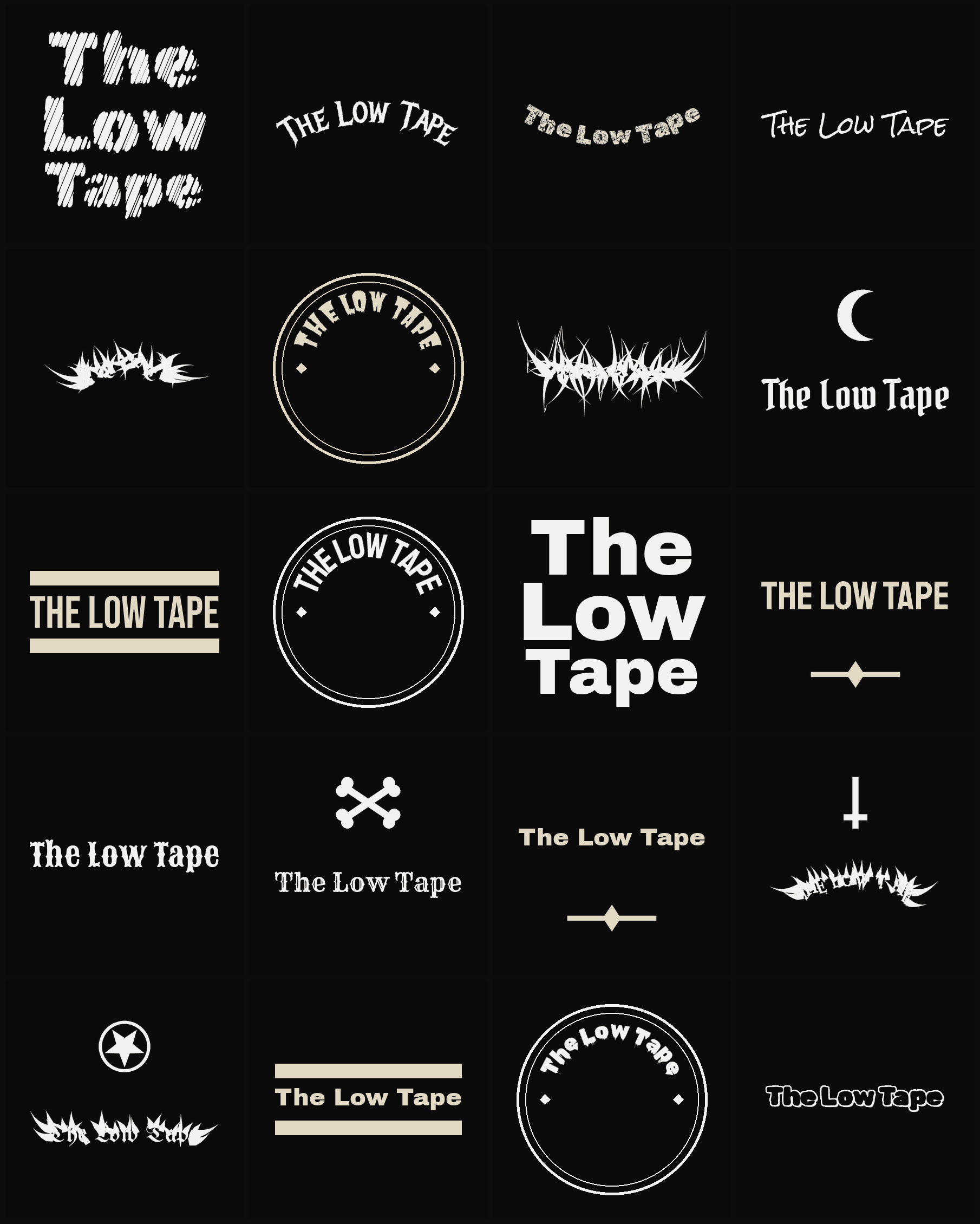 Twenty The Low Tape band logo ideas — different faces, treatments and spike settings