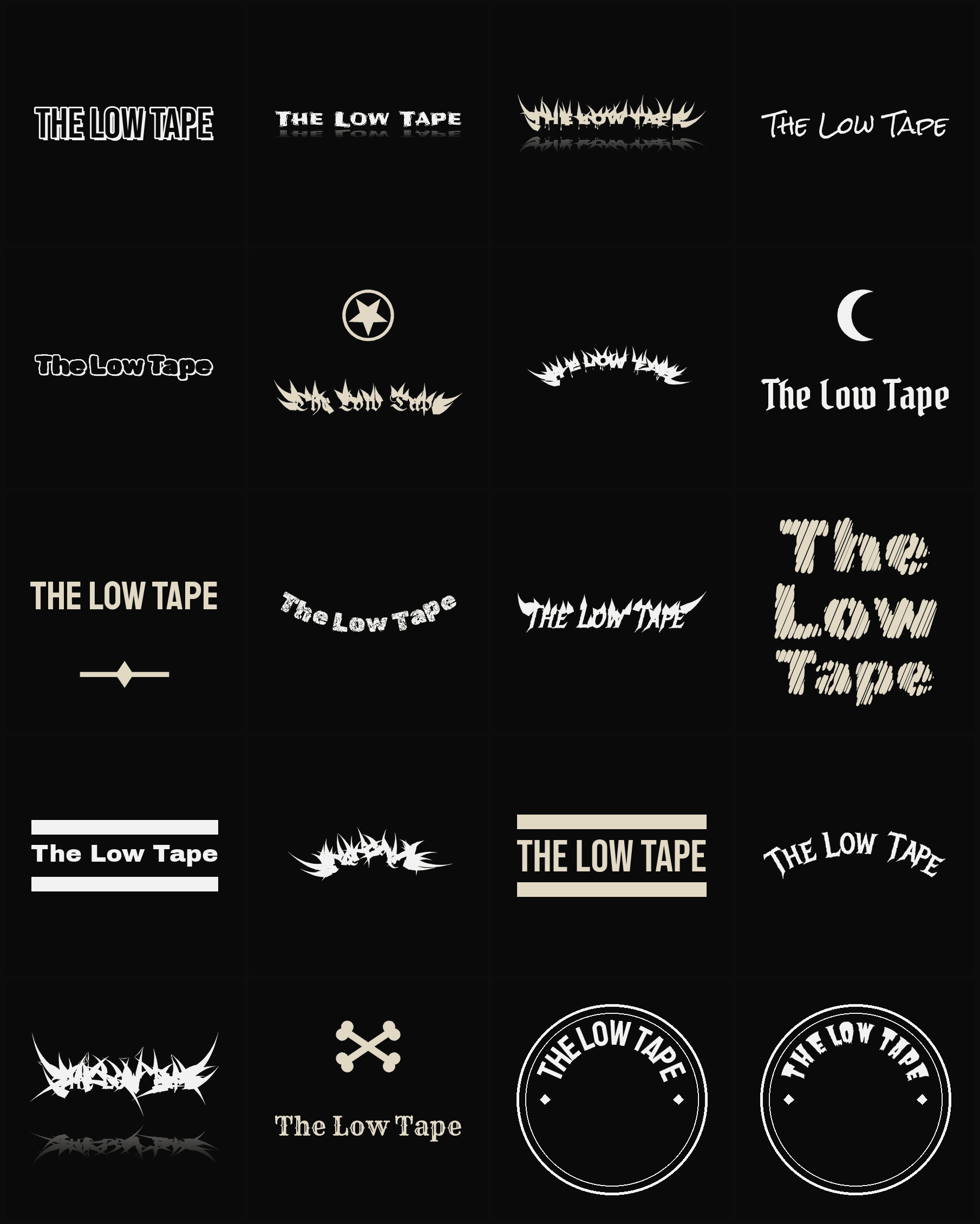 Twenty The Low Tape band logo ideas — different faces, treatments and spike settings