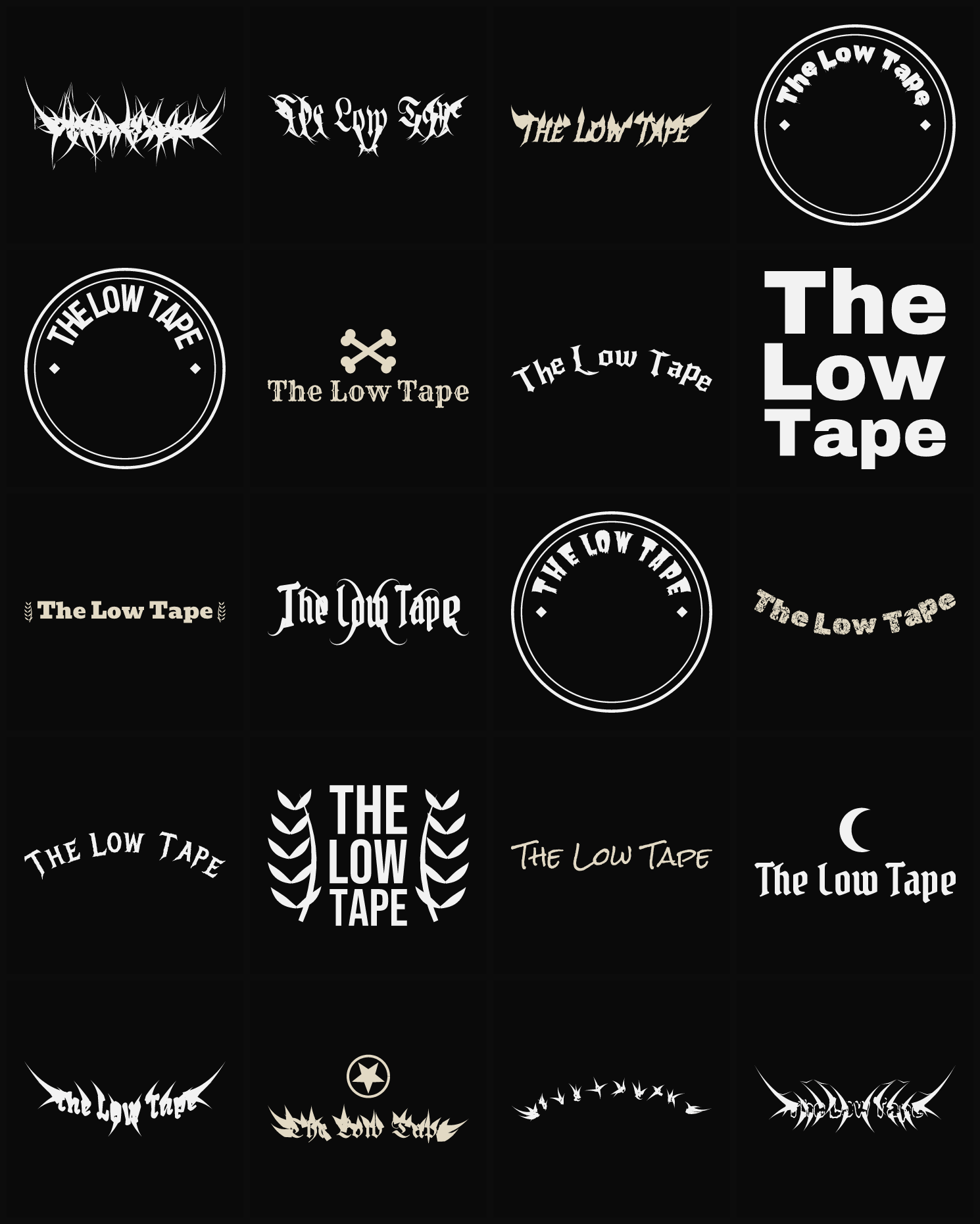Twenty The Low Tape band logo ideas — different faces, treatments and spike settings
